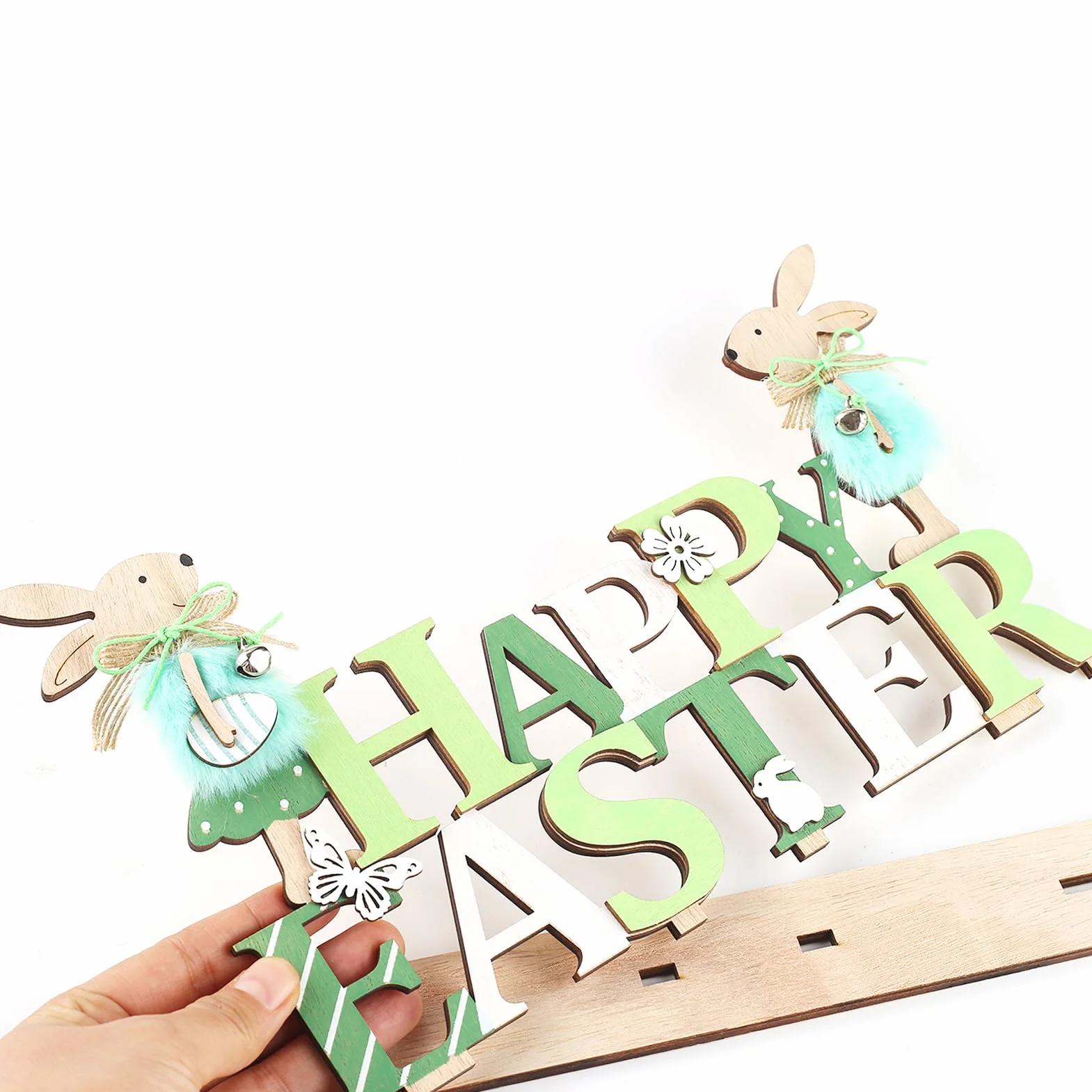 Dekoracja wielkanocna z drewna napis B-Happy Easter 2 zając
