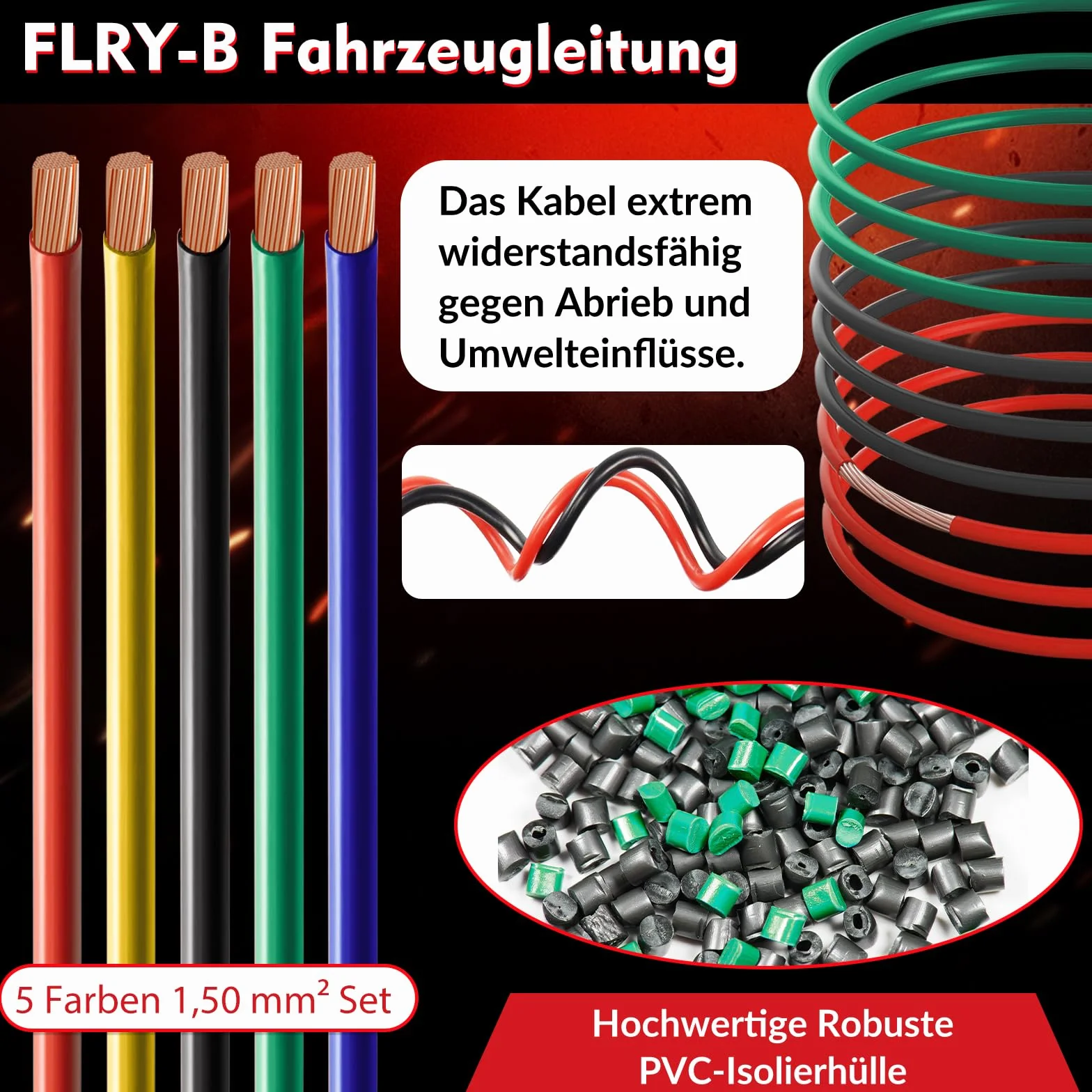 Przewód samochodowy 1,5 mm², zestaw, 5 m x 5 kolorów FLRY-B, kabel miedziany PCW, kabel do akumulatora, kabel zasilający, przewód samochodowy, czerwono-czarno-niebiesko-zielono-żółty, 5 m