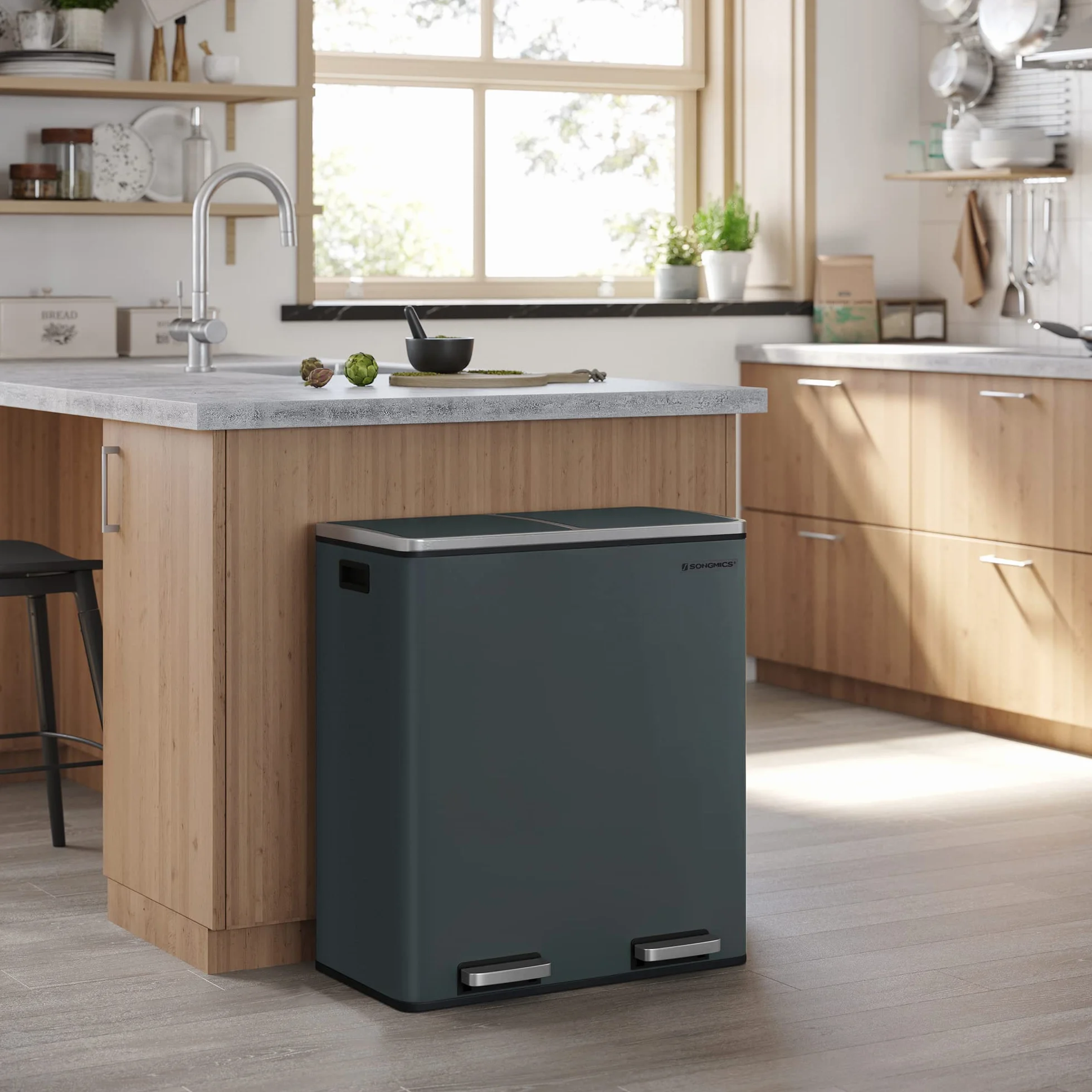 SONGMICS Kosz na śmieci z podwójną komorą 2 x 30 l, antracytowy szary LTB60GS