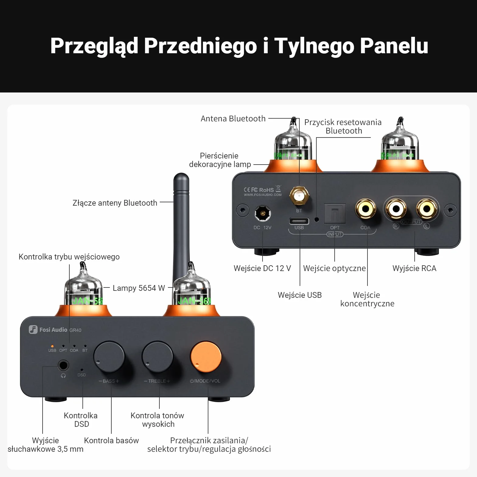 Fosi Audio GR40 Przedwzmacniacz Lampowy z Przetwornikiem DAC, Stereofonicznym Wzmacniaczem Słuchawkowym 3,5mm Domowe Audio do Aktywnych Głośników/Słuchawek, Przedwzmacniacz z Bluetooth i USB/OPT/COAX