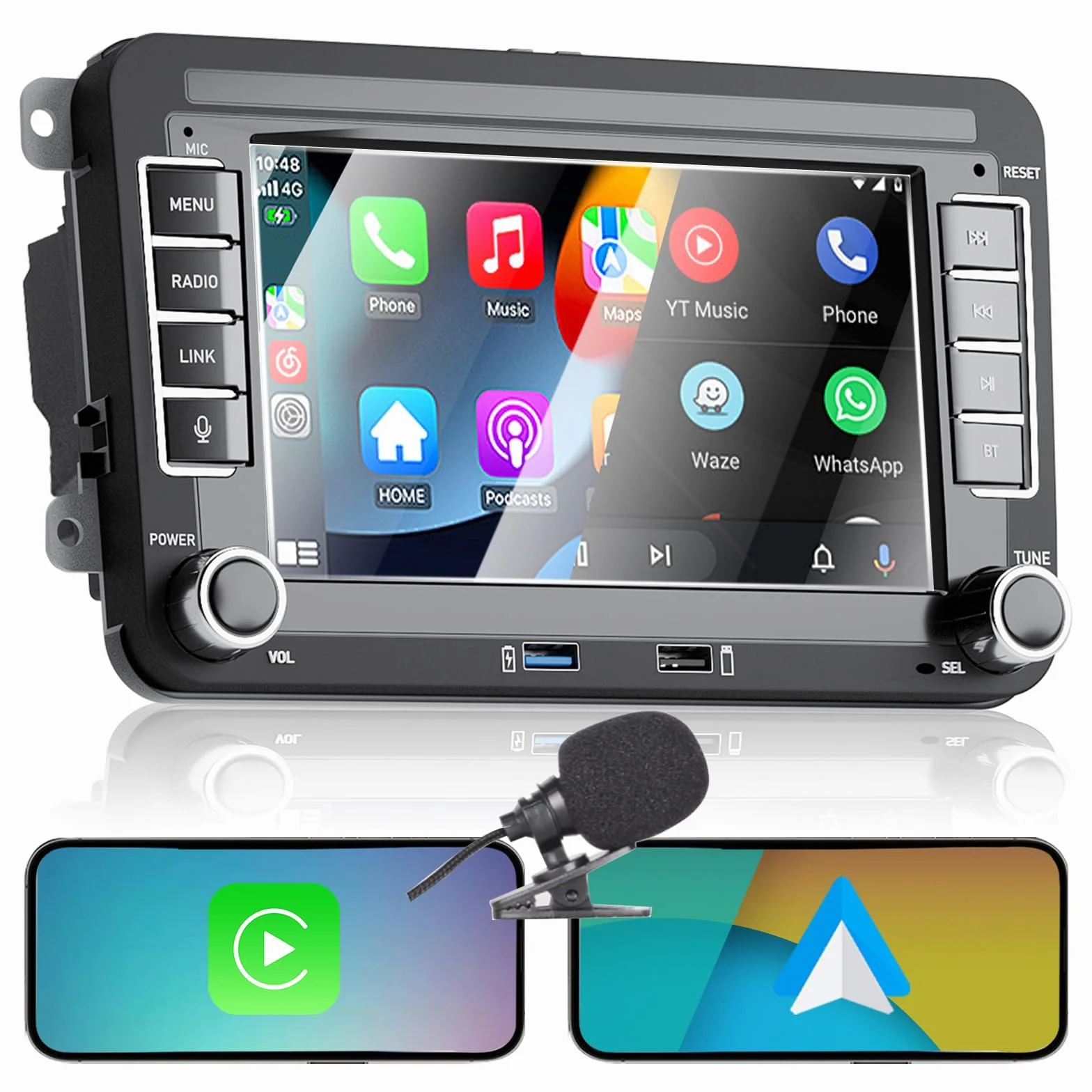 Radio samochodowe Liulbobu do VW Golf 5/6, Passat, Jetta, Caddy, Polo CC, Tiguan, EOS, Scirocco. Bezprzewodowy CarPlay i Android Auto, 7-calowy ekran dotykowy, Bluetooth, FM/AM, USB, DSP, RDS.
