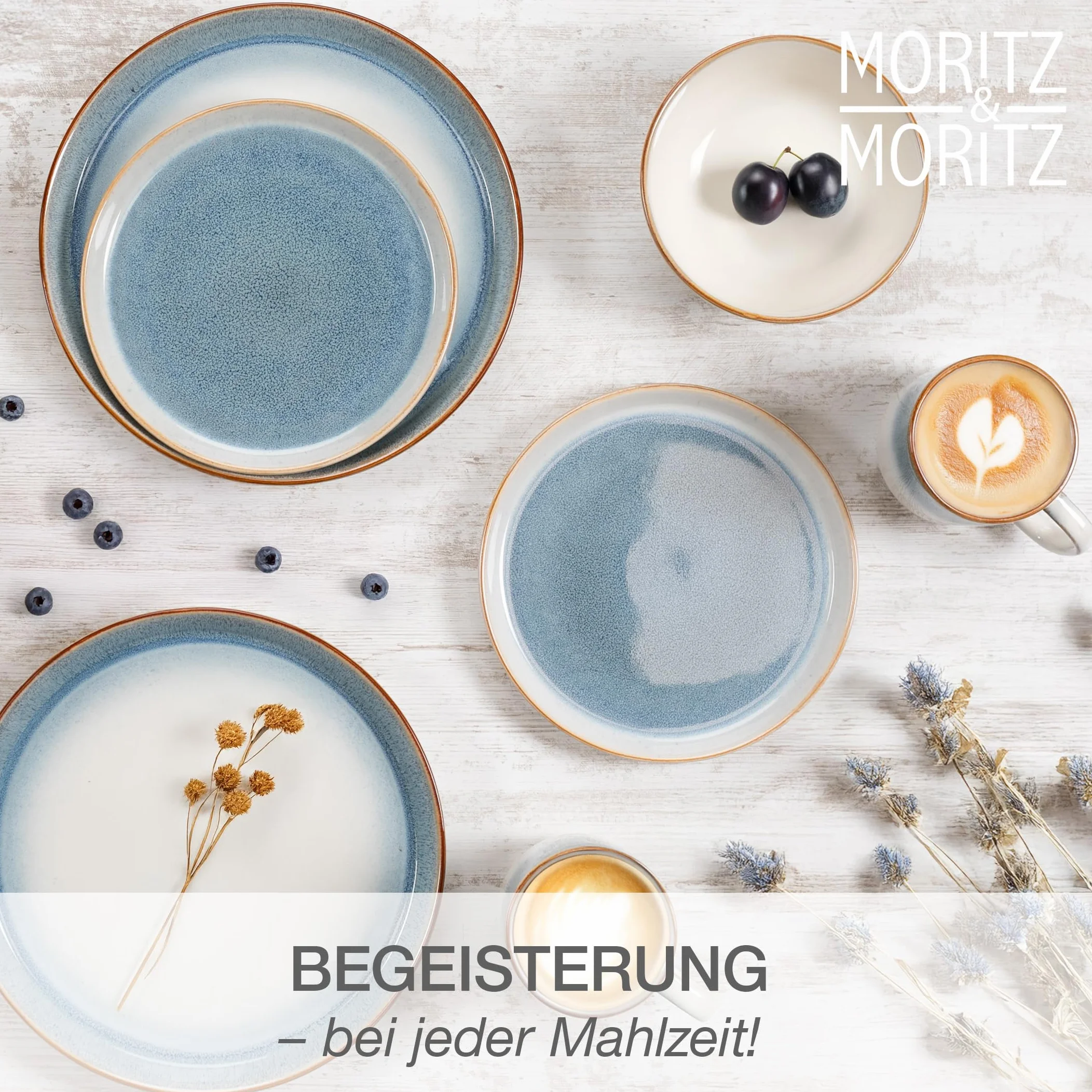 Moritz & Moritz TARENTO 24-częściowy zestaw naczyń dla 6 osób, niebieski – elegancki zestaw talerzy z wysokiej jakości kamionki – zestaw naczyń składający się z 6 talerzy obiadowych, 6 talerzy