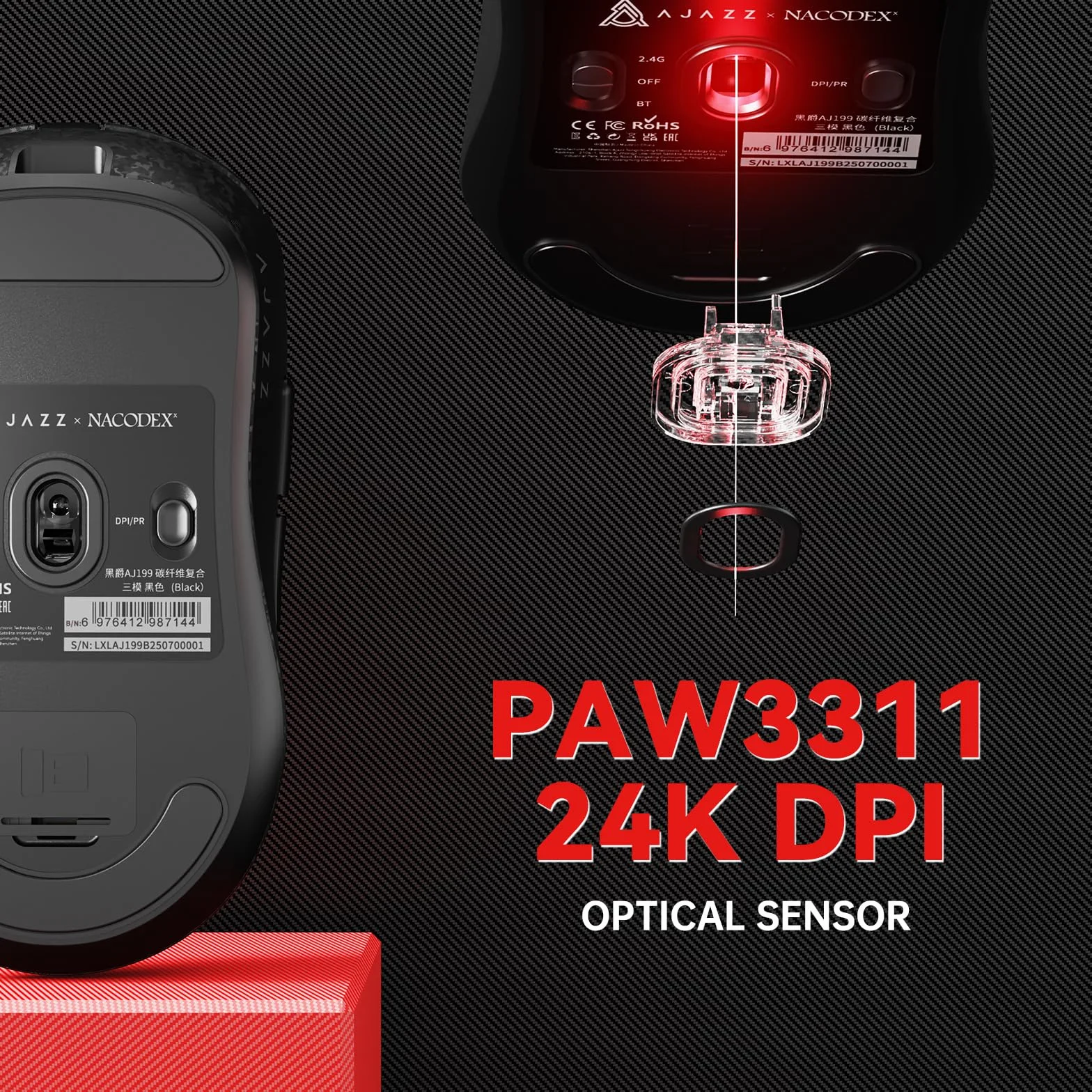 A.JAZZ AJ199 Mysz Gamingowa z Włókna Węglowego, Wireless 2,4G/BT/USB C, Ultralekka 55 g, Czujnik Optyczny PixArt PAW3311 24000 DPI, 1000 Hz, 6 Przycisków, PC/Mac - Czarna