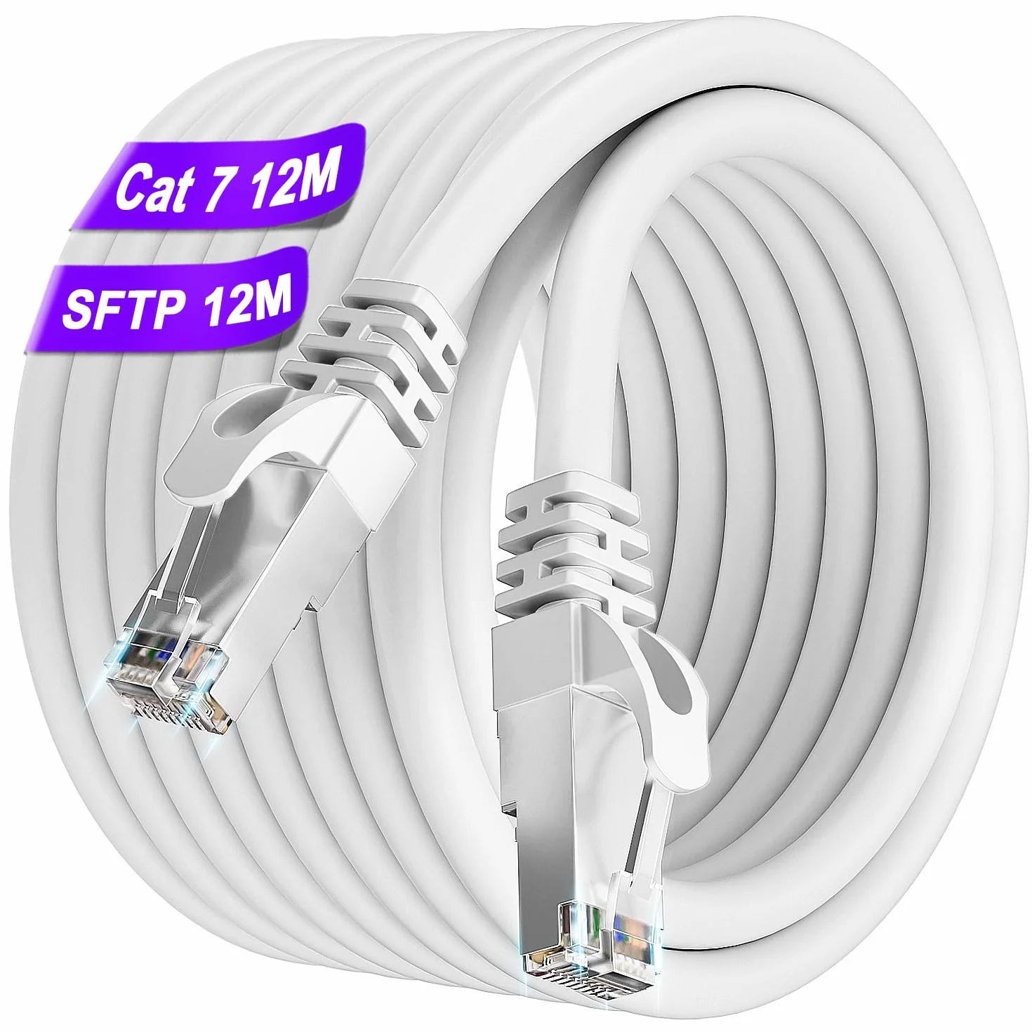 Ethernet Kabel 12m Cat7, Lan Cable Sieciowy Biały Internetowy Szybki 600MHz 10Gbps 24AWG Wifi S/FTP Ekranowany Patch RJ45 Zewnętrzny Wlan