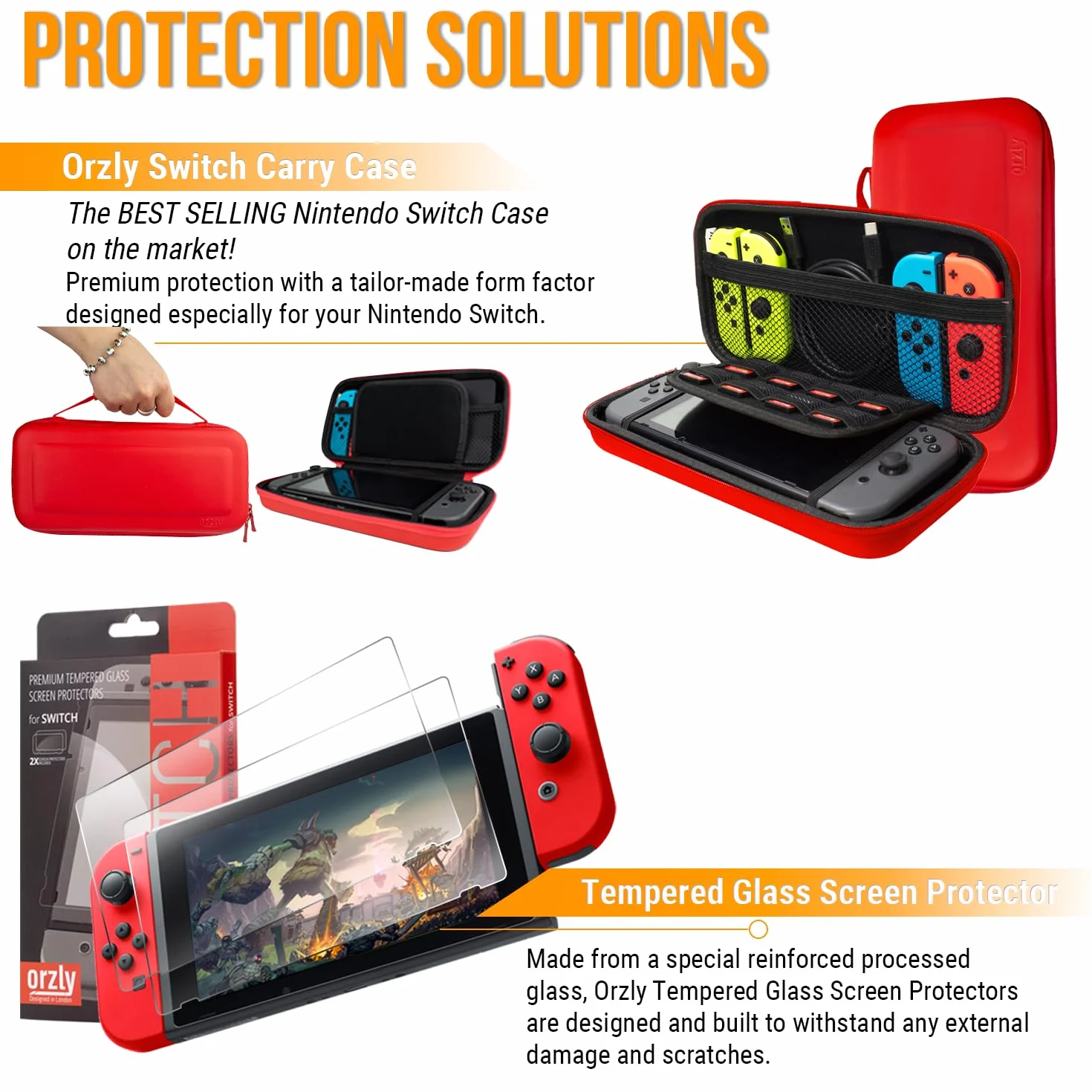 Orzly Geek Pack Zestaw akcesoriów do Nintendo Switch: Etui, osłona ekranu, uchwyty Joycon, koła wyścigowe, stacje ładowania