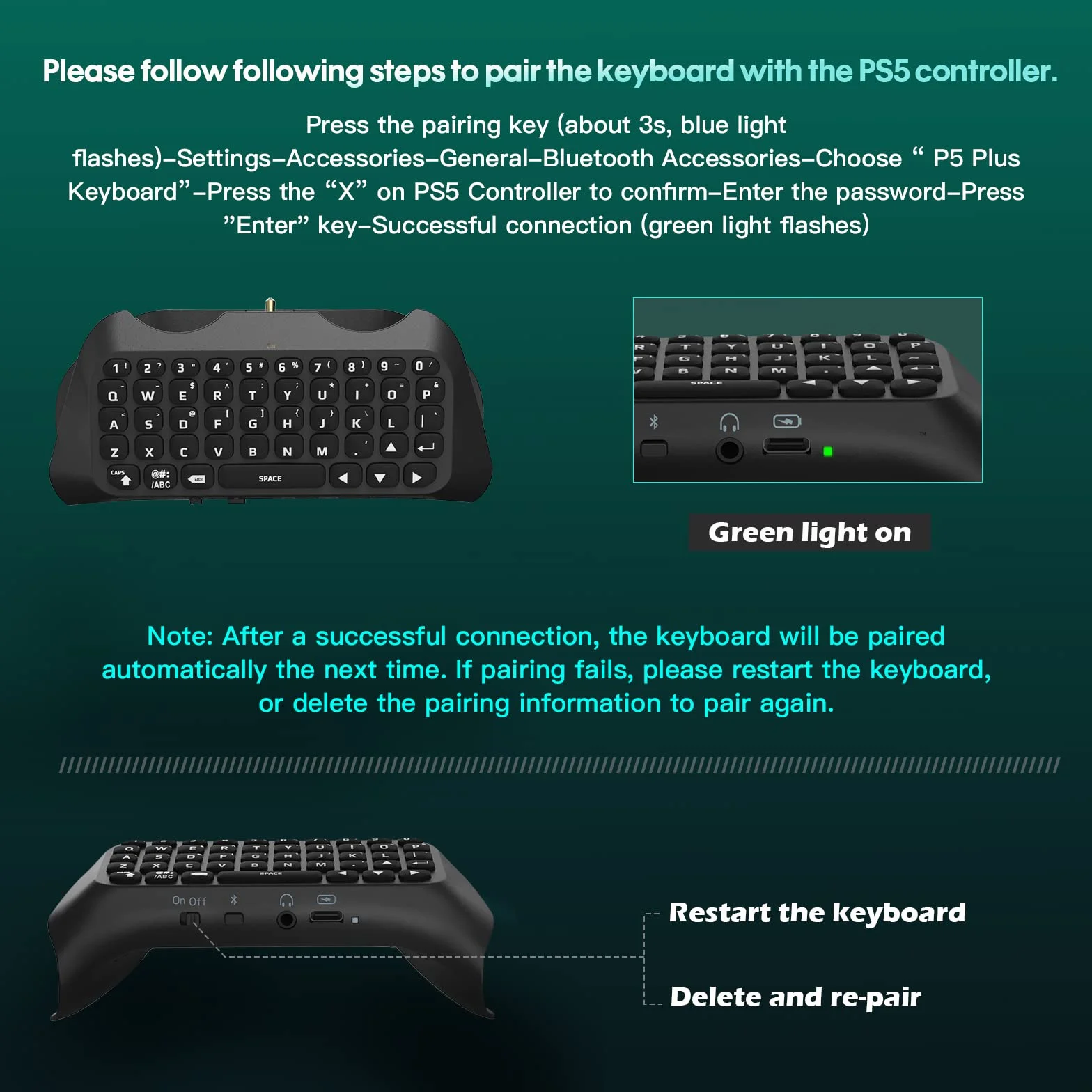 TiMOVO Green Backlight Keyboard for PS5 Controller, Wireless Bluetooth Keypad Chatpad for Playstation 5 Controller, Mini Game Keyboard Built-in Speaker with 3.5mm Audio Jack for Messaging, Black