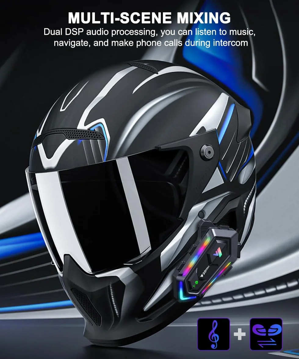 NXPGKEA Motorcycle helmet Speakers, Waterproof Intercom Communication System Bluetooth Headset Hi-Fi/IPX6 1000mAh 300m Music Sharing GPS with Soft Mic RGB