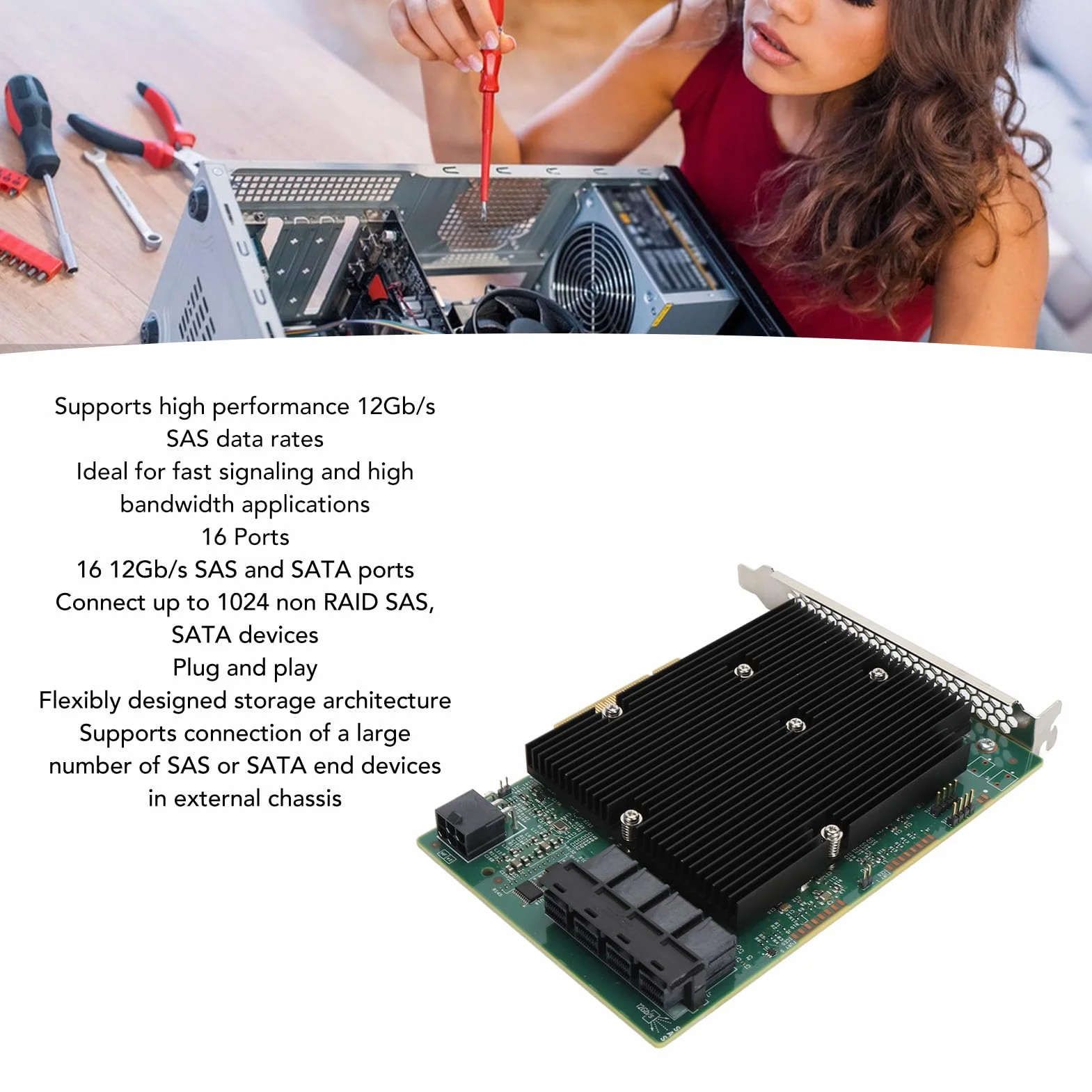 Karta HBA Kontrolera LSI 9300-16i SAS, 16-portowy Adapter Magistrali Hosta SATA SAS 12 Gb/s, Ekspander RAID PCIe 3.0, Bez RAID, dla dla Linux dla VMware dla FreeBSD