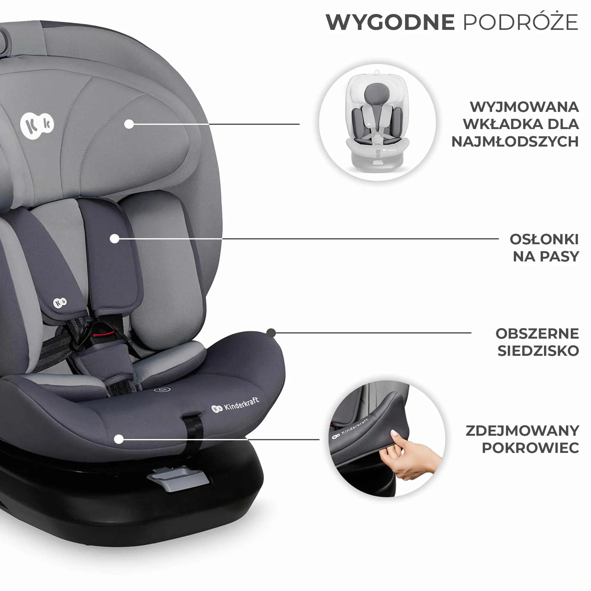 Kinderkraft I-GROW Fotelik dziecięcy i-Size, 40-150cm, Fotelik na bazie, Obracany 360 stopni, Regulowany, Isofix, Miękkie siedzisko, RWF, FWF, Grupa 0+/1/2/3 0-36 kg, do 12 lat, Szary