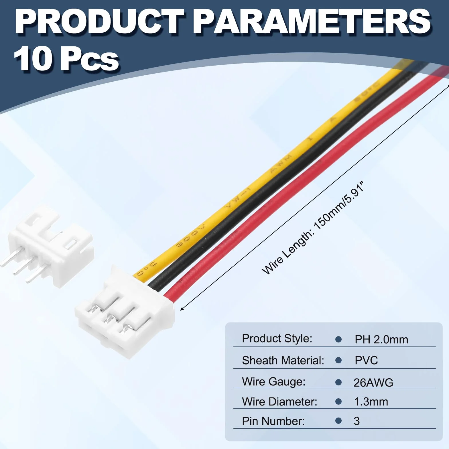 QUARKZMAN 10 sztuk PH 2,0 mm 3-pinowe złącze męskie z pojedynczą głowicą z kablem 26 AWG 150 mm E żeńskie złącze płyty głównej do głośników, paski LED