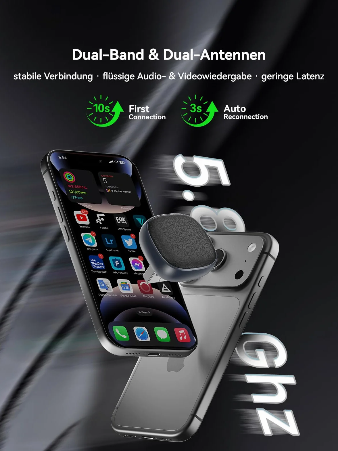 Bezprzewodowy adapter CarPlay i Android na 2 telefonach komórkowych – przełączanie między dwoma telefonami komórkowymi (iPhone i Android) – Ultra Mini – nie przegrzewa się – od iOS 10/Android 10