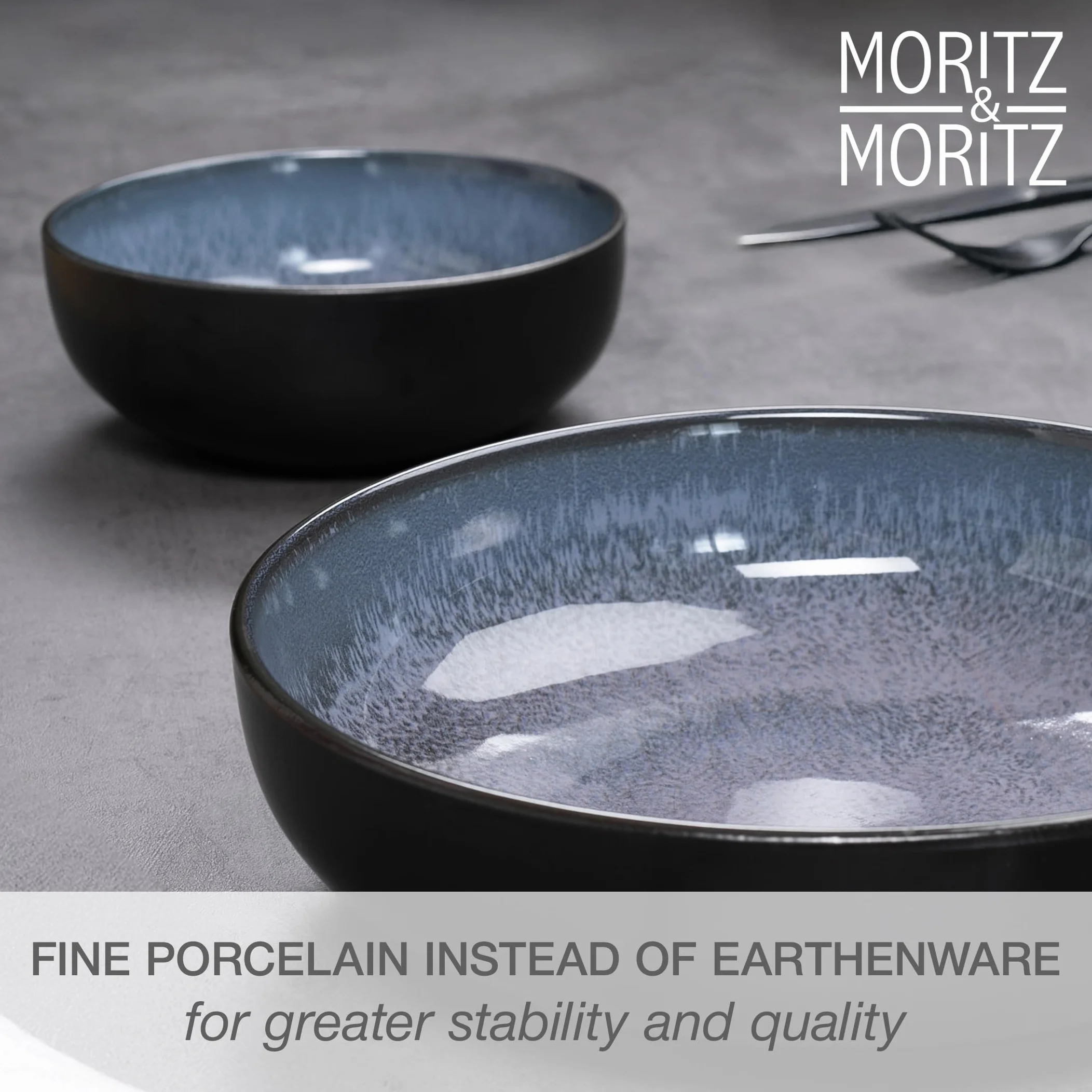 Moritz & Moritz VIDA zestaw misek do serwowania w kolorze niebieskim – 2 x duże miski z wysokiej jakości porcelany, nowoczesne i ponadczasowe, nadają się do kuchenki mikrofalowej i mycia w zmywarce