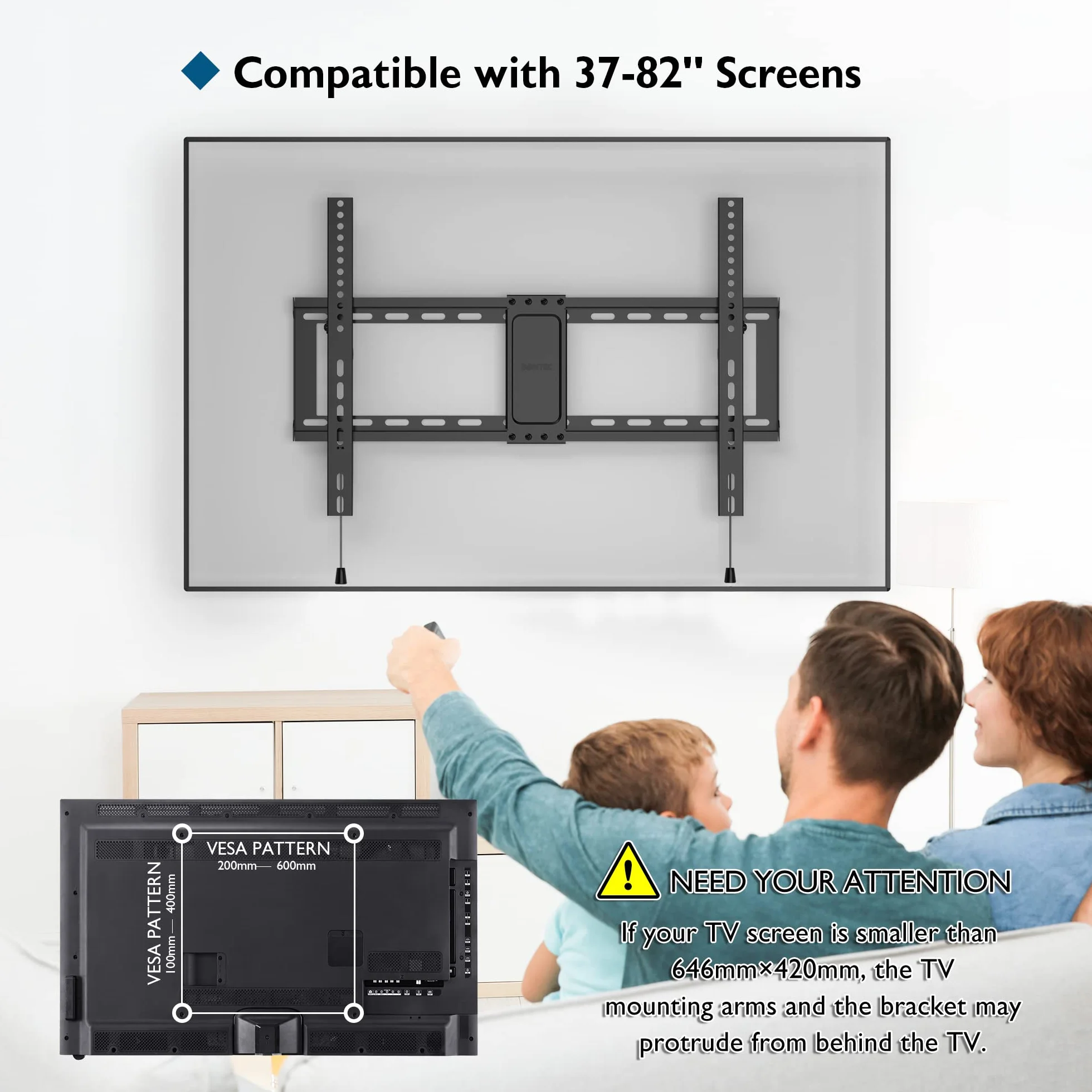 BONTEC Uchwyt Ścienny do Telewizora 37-82 cali, Ultra Wytrzymały Uchwyt TV LED LCD OLED, Nośność do 60kg, Regulacja Pochylenia, Max VESA 600x400mm, Zestaw Montażowy z Opaskami Kablowymi