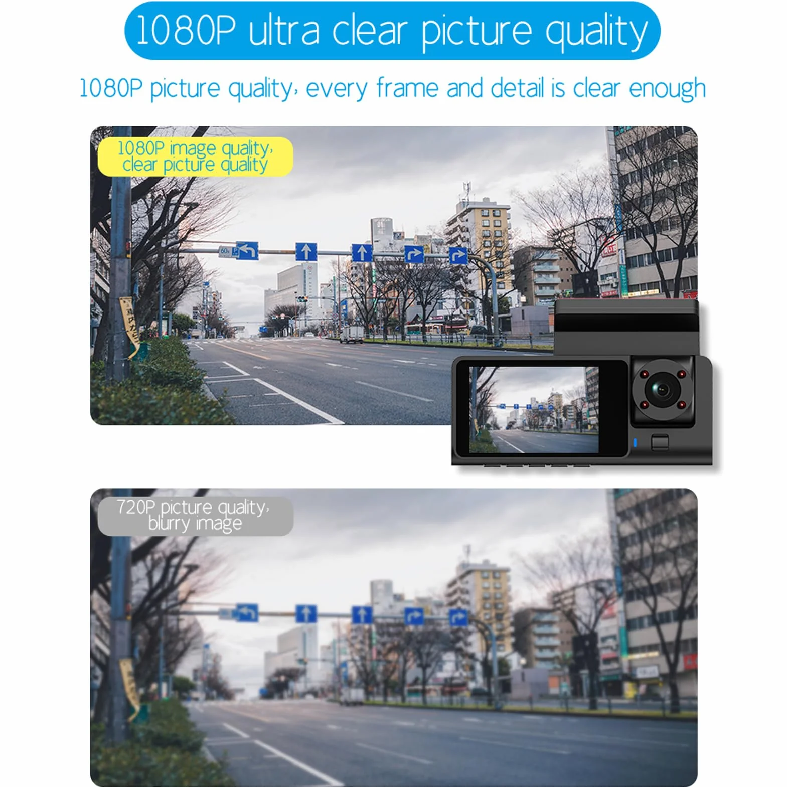 Wewnętrzna przednia i tylna kamera na desce rozdzielczej, 1080P + 480P 480P WDR potrójna kamera samochodowa, wbudowany Wi-Fi, ekran IPS 2.0 Zoll, noktowizor, szeroki kąt 170°