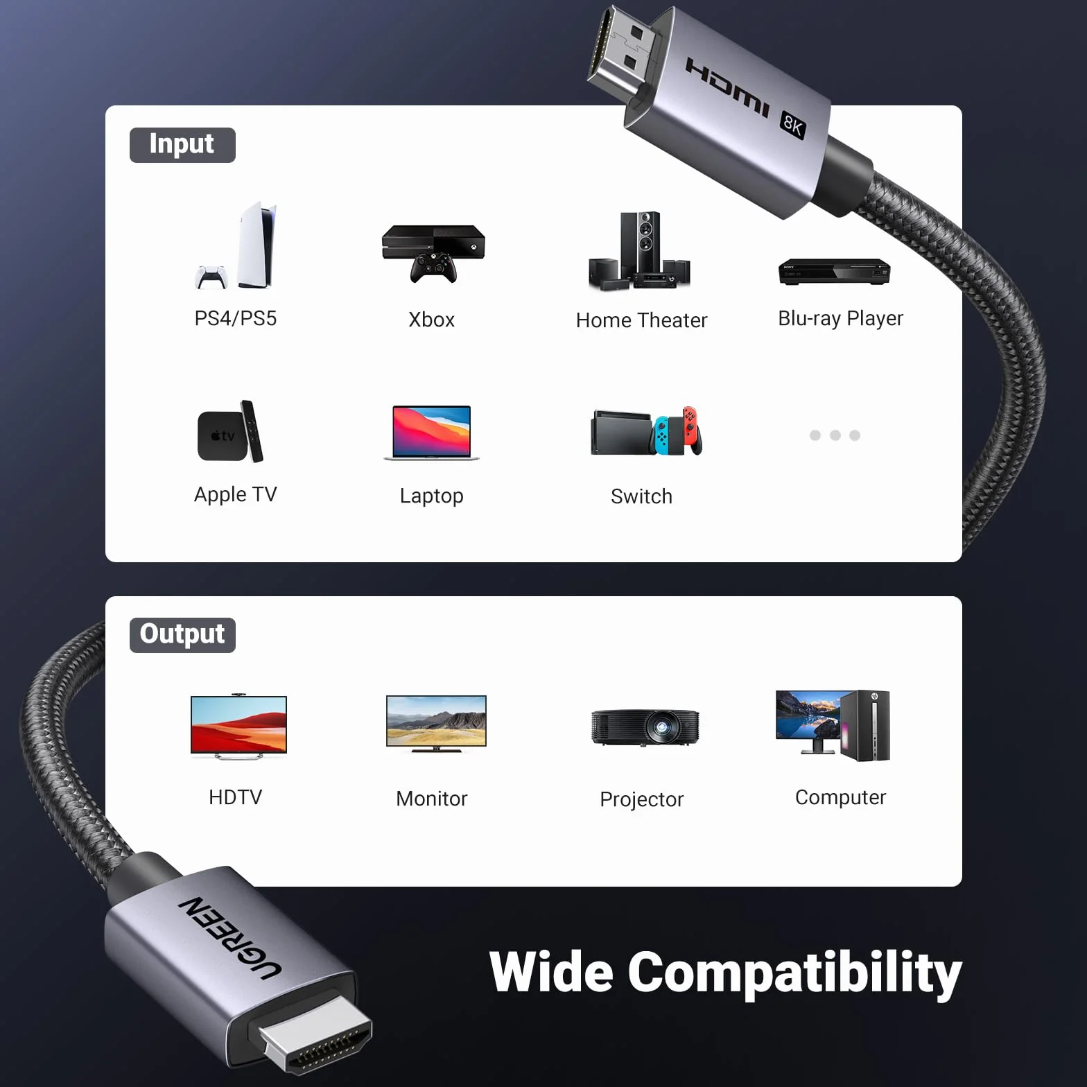 UGREEN Kabel HDMI 2.1 8K 60Hz 4K 240Hz 165Hz 144Hz 120Hz 48Gbit/s High Speed, Kabel HDMI 2.1 Ultra HD eARC HDR 10+ HDCP Dolby Vision VRR Kompatybilny z TV/PS5/PS4/ Xbox Series X/Monitor/Laptop (0.5M)