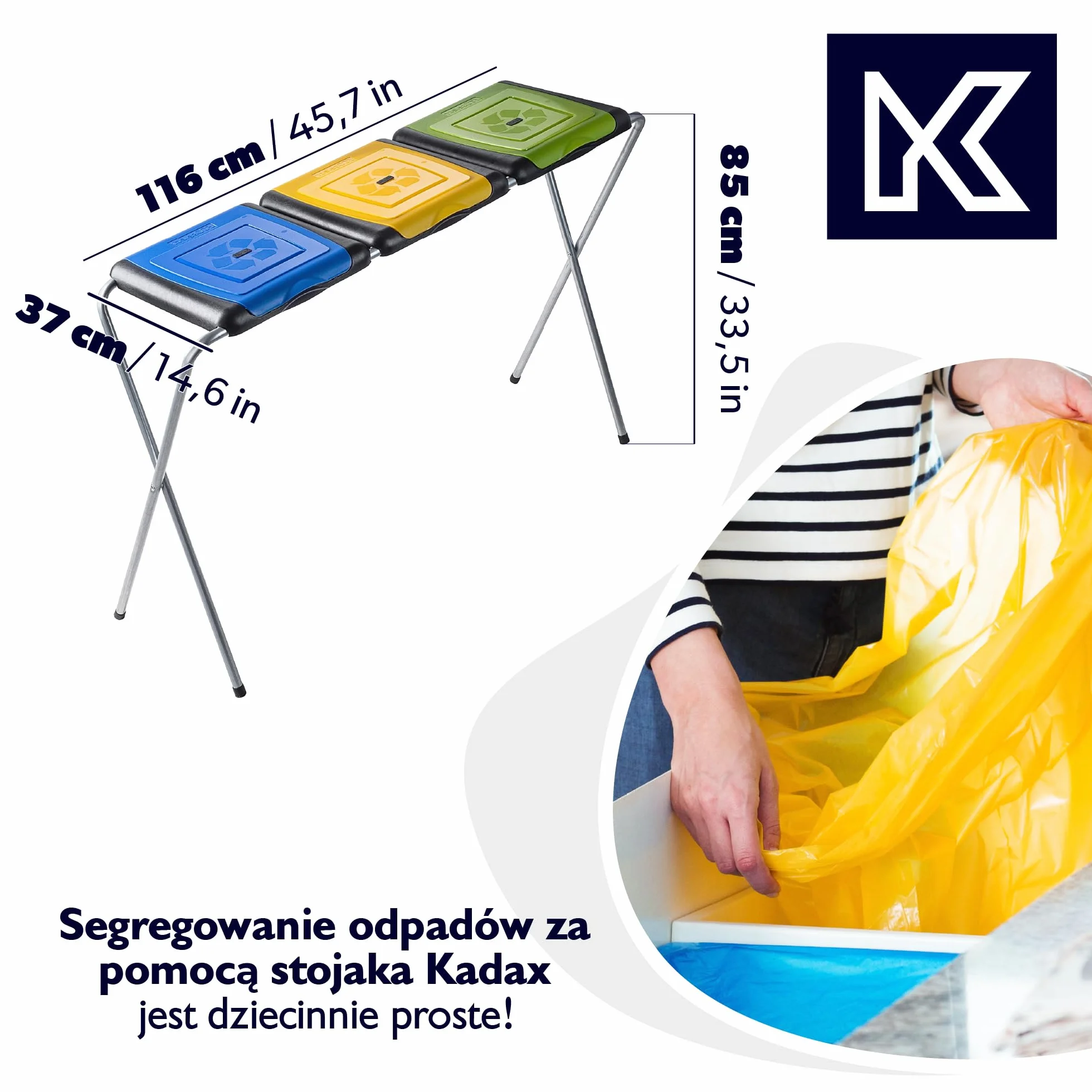 KADAX Potrójny stojak do segregacji odpadów, stabilny uchwyt na trzy worki z plastikowymi pokrywami, oszczędność miejsca, idealny do domu, garażu i ogrodu