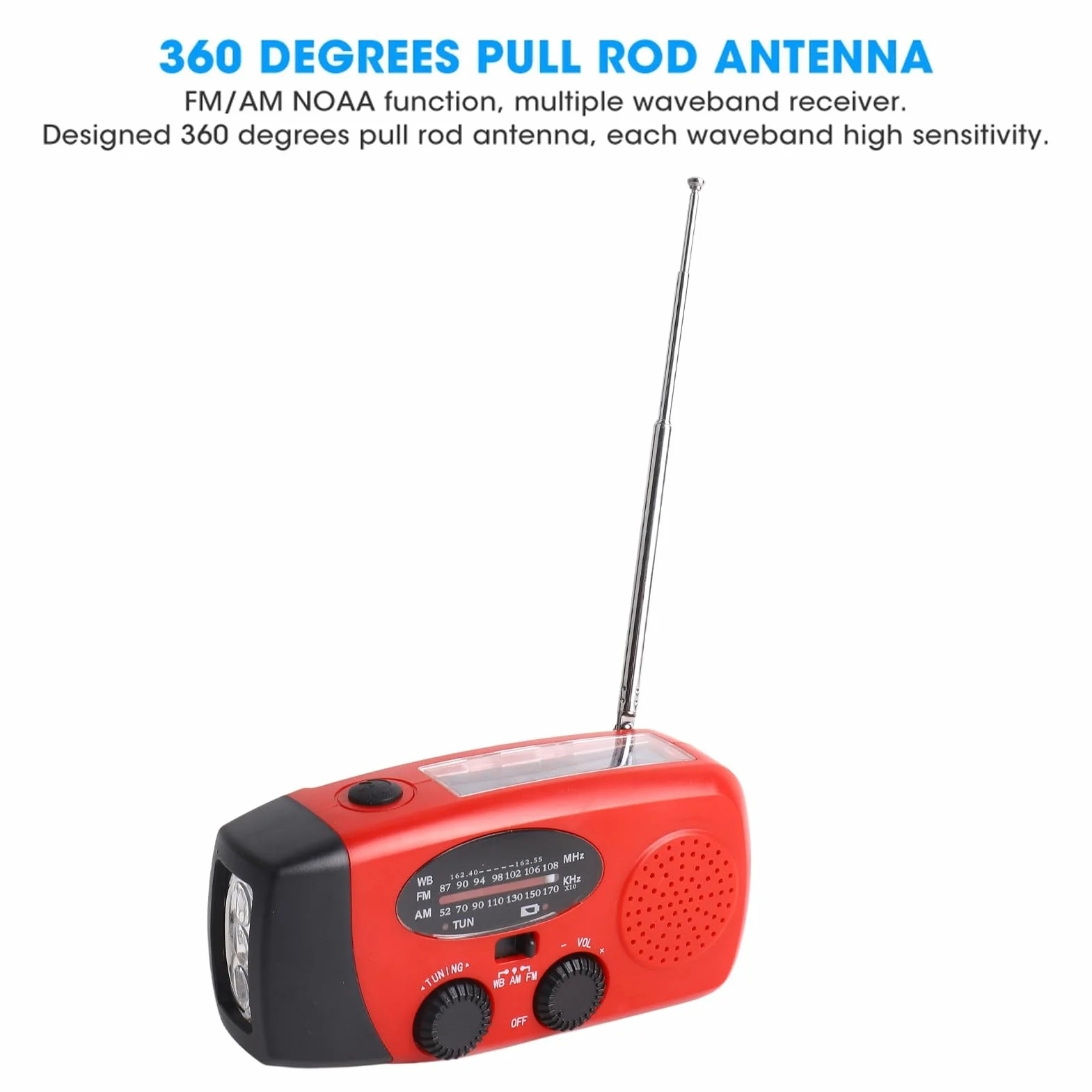 Solarne radio z korbą ręczną, przenośne radio awaryjne AM/FM do zewnętrznej ładowarki USB generuje energię elektryczną, ładowanie słoneczne, światło LED, zapobieganie katastrofom z funkcją NOAA