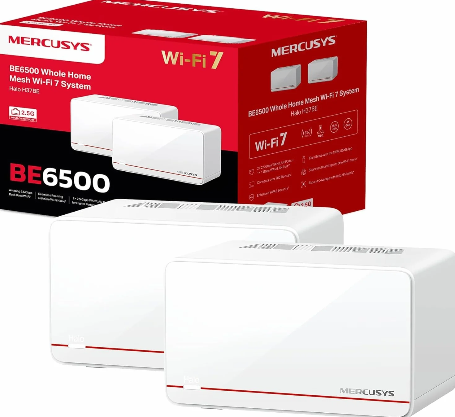 Mercusys TP-Link Halo H37BE Mesh Wi-Fi 7 BE6500 Mbps Dual-Band, 2 x 2,5G porty WAN/LAN, 1 x Gigabit Port WAN/LAN, pokrycie do 460 m2, 4K-QAM, MLO, Multi-RUs, OFDMA, sterowanie aplikacją, WPA3-SAE, 2