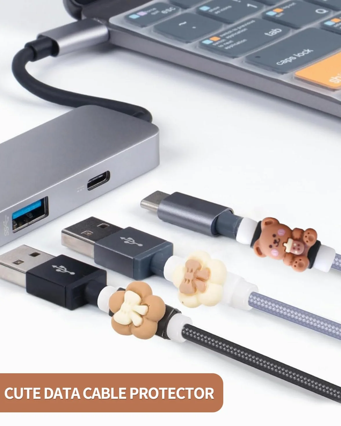 8 osłonek na kable do ładowania, etui na kabel do telefonu komórkowego, wzór misia i kwiatów, osłona kabla USB do ładowania USB, do większości linii danych do telefonów komórkowych