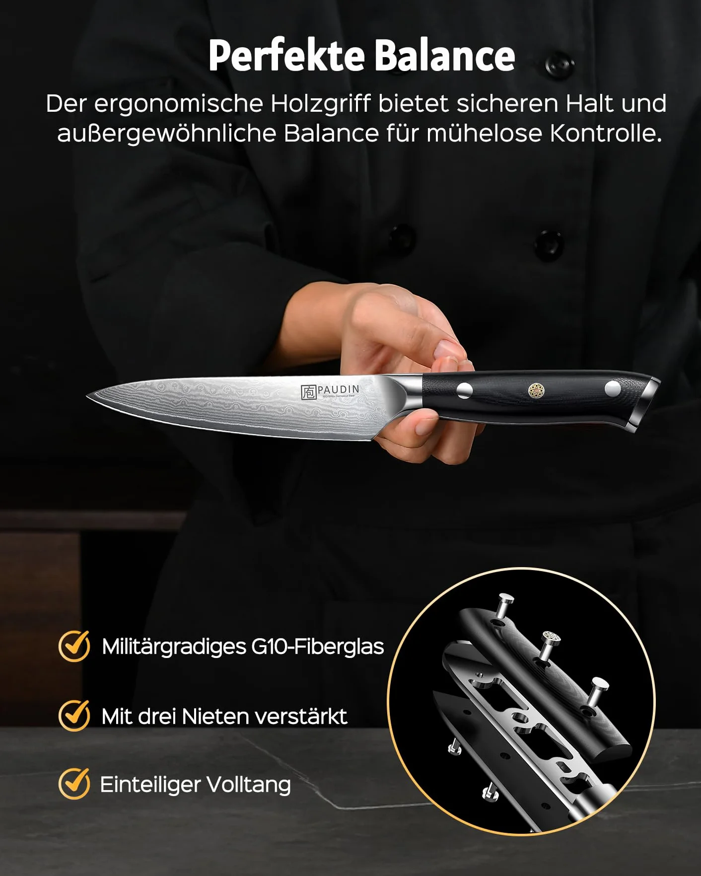 PAUDIN Nóż damasceński 13 cm nóż uniwersalny nóż szefa kuchni nóż szefa kuchni profesjonalny nóż kuchenny ostry nóż z ergonomiczną rękojeścią G10 ze stali damasceńskiej do ryb warzywa owoce mięso