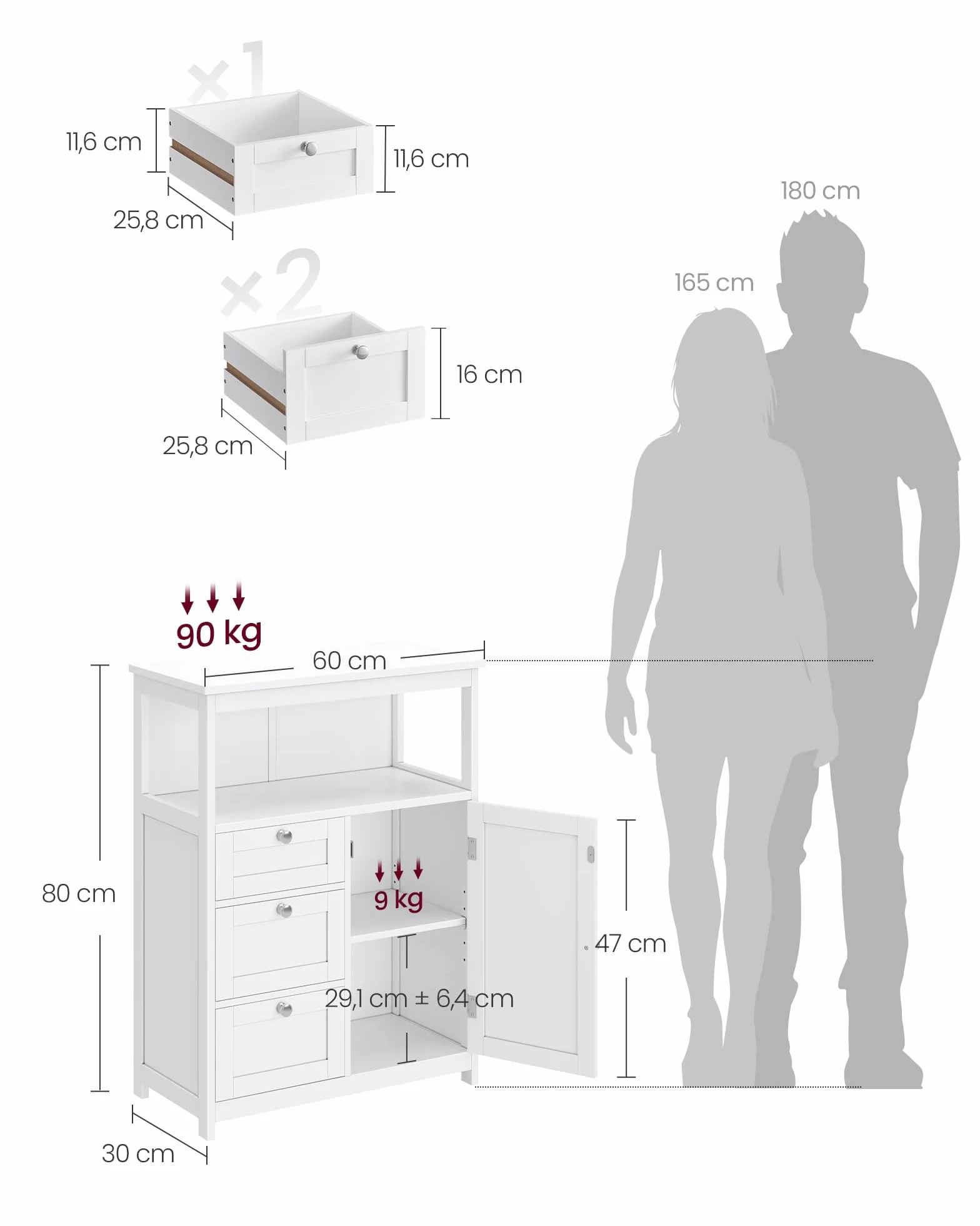 VASAGLE BBC542P31V1 szafka łazienkowa do przechowywania, szafka łazienkowa z 3 szufladami, wolnostojąca, regulowana półka, 30 x 60 x 80 cm, biała chmurka