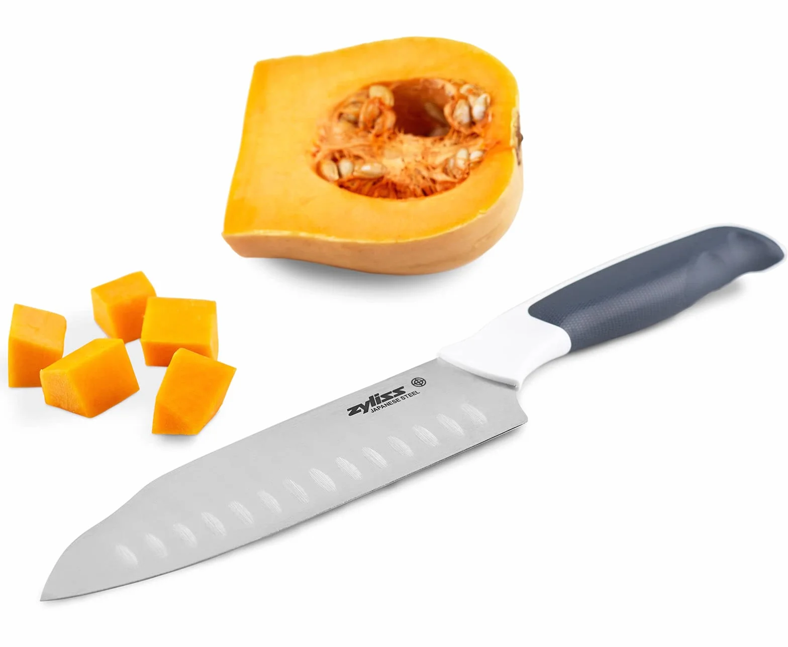 Zyliss Komfortowy nóż Santoku, japońska stal nierdzewna, miękki uchwyt, osłona dla bezpieczeństwa, czarny, biały, profesjonalny nóż kuchenny, nóż do warzyw, nóż do siekania, nadaje się do mycia w