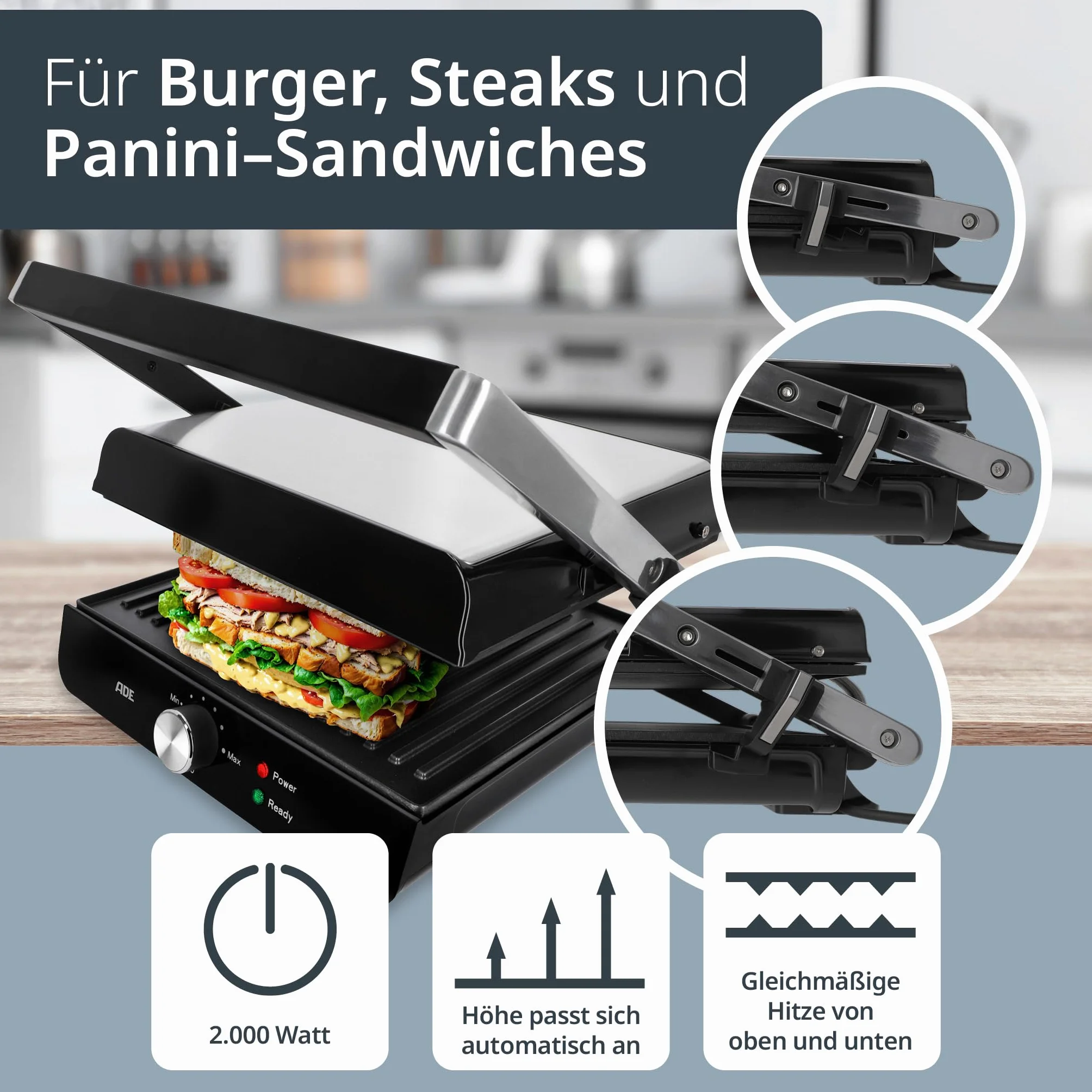 ADE Grill kontaktowy 2000 W elektryczny 3 w 1 składany 180° do kanapek