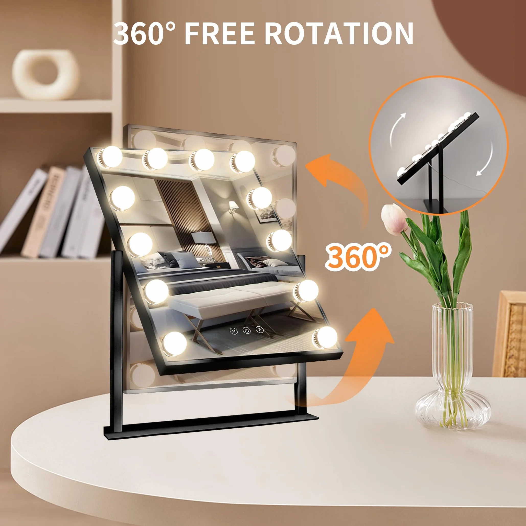 Meidom Lusterko do makijażu z oświetleniem, 12 ściemnianych diod LED, obracane o 360°, 3 kolory światła, ekran Smart Touch, lustro Hollywood z oświetleniem, czarne, 36 x 47 cm