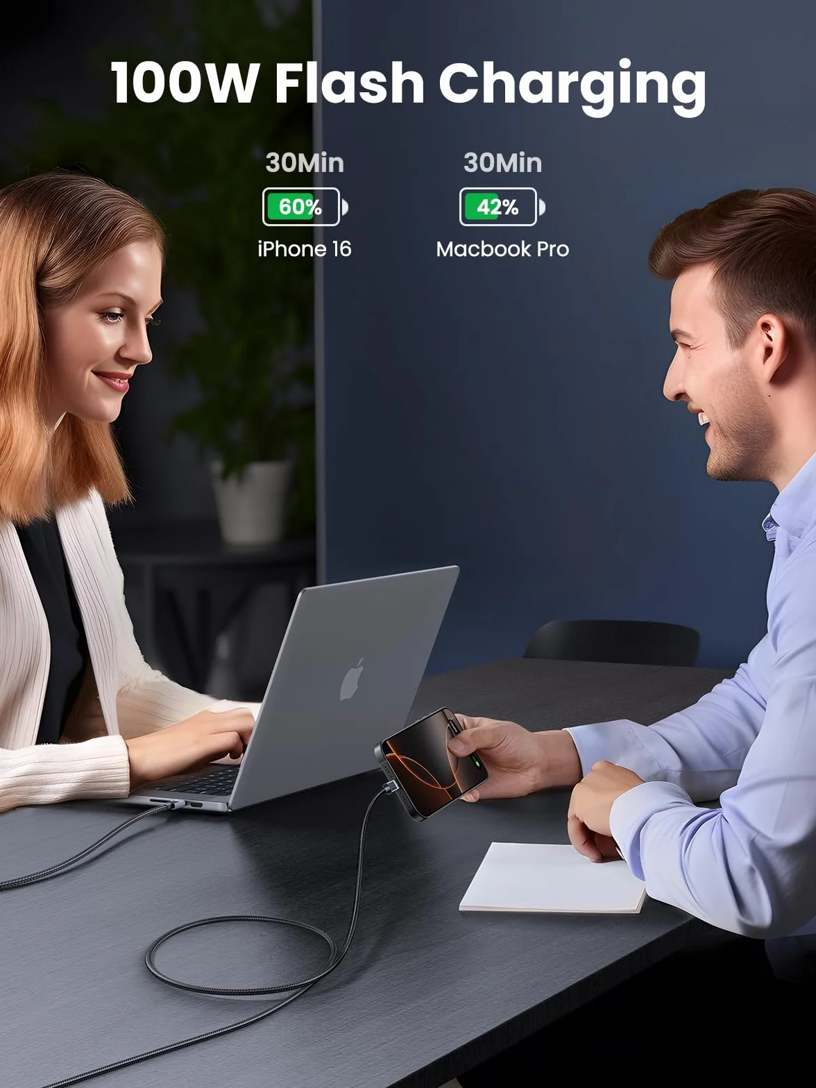 UGREEN 100W kabel USB C PD 3.0 kabel ładujący USB C do USB C 5A/20V kompatybilny z iPhone 15, M3 MacBook Pro/Air, iPad Air/Pro 2024, Galaxy S24 Ultra A55 Pixel 8a Steam Deck itp. (1M)