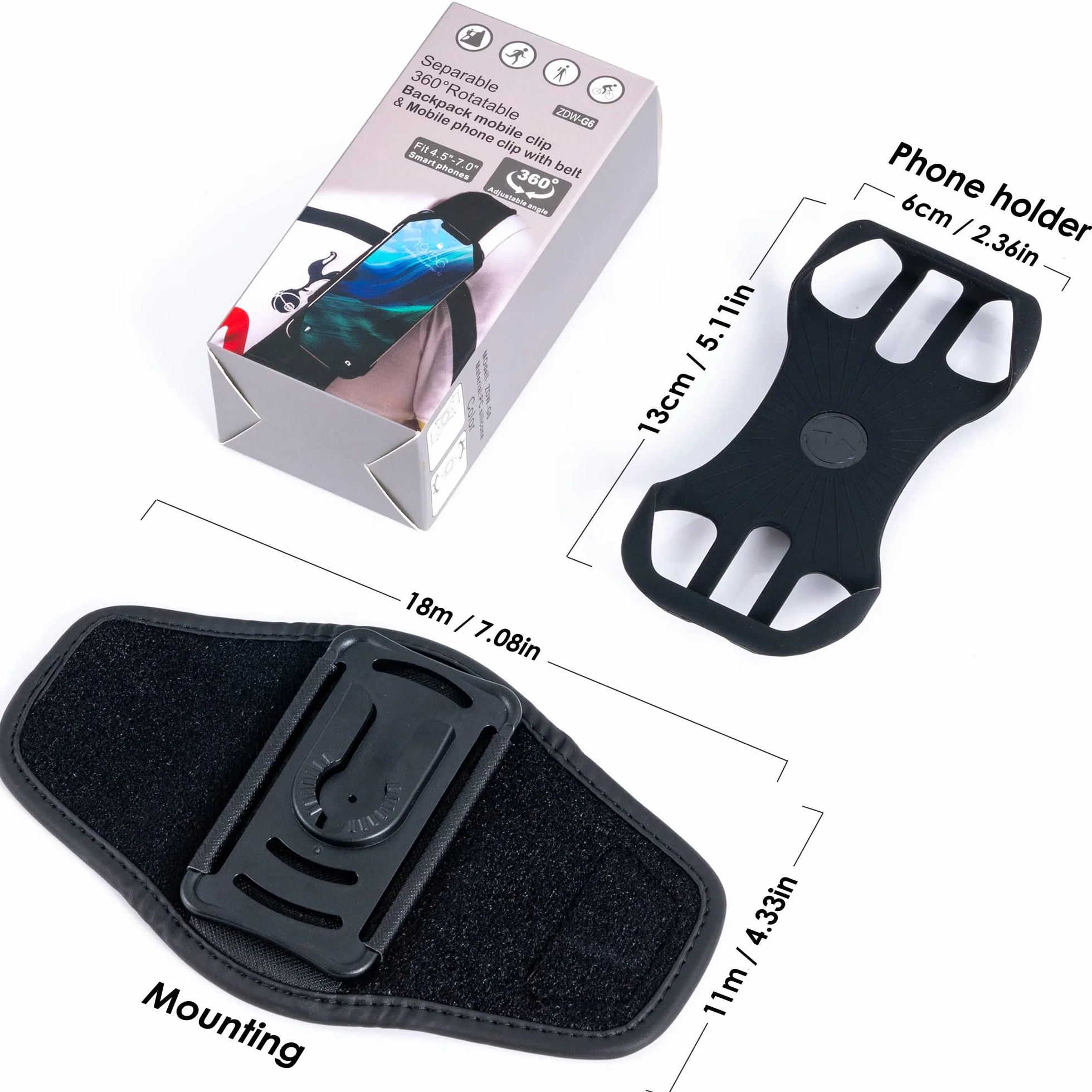 Cikyner Uchwyt na telefon komórkowy, plecak 2 w 1, uchwyt na telefon na paski plecaka, obracany o 360°, zdejmowany uchwyt na telefon komórkowy do iPhone'a 4,5-7", Huawei, na kemping i wędrówki