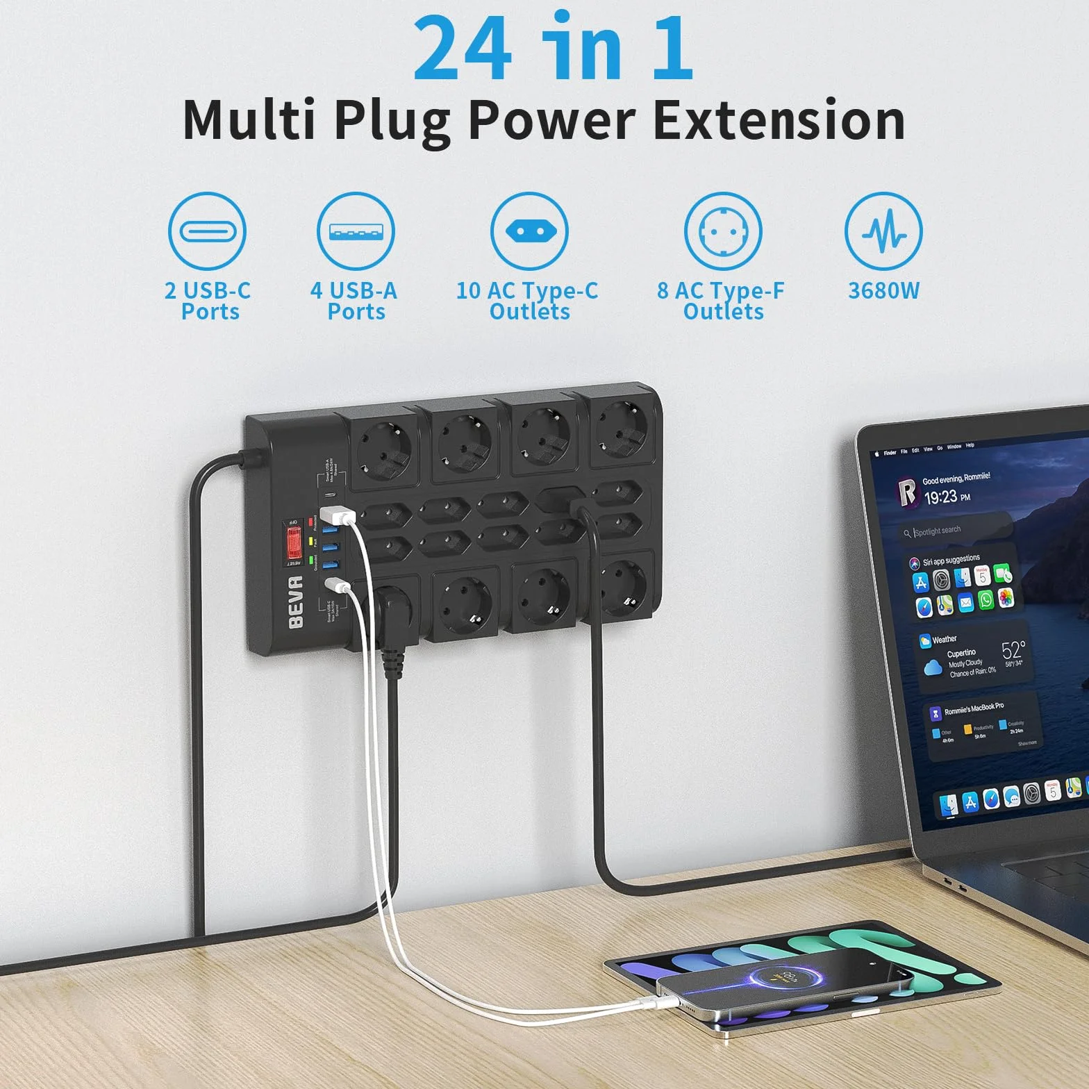 BEVA Listwa Zasilająca 3680W/16A, Wielokrotna Listwa Zasilająca z 18 Gniazdem AC, 4 porty USB-A i 2 USB-C, Złodzien Wtyczka ze Wskaźnikami Stanu i Ochroną Przed Przeciążeniem 2M kabel