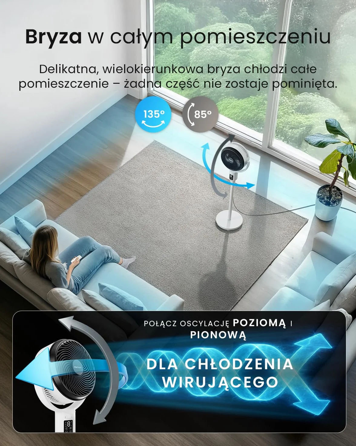 Wentylator stojący Pro Breeze AirFlo Smart 108 cm – 29 dB Supercichy – Wyświetlacz LED, Aplikacja i Pilot, 2 Tryby, Oscylacja Pionowo-Pozioma – WiFi