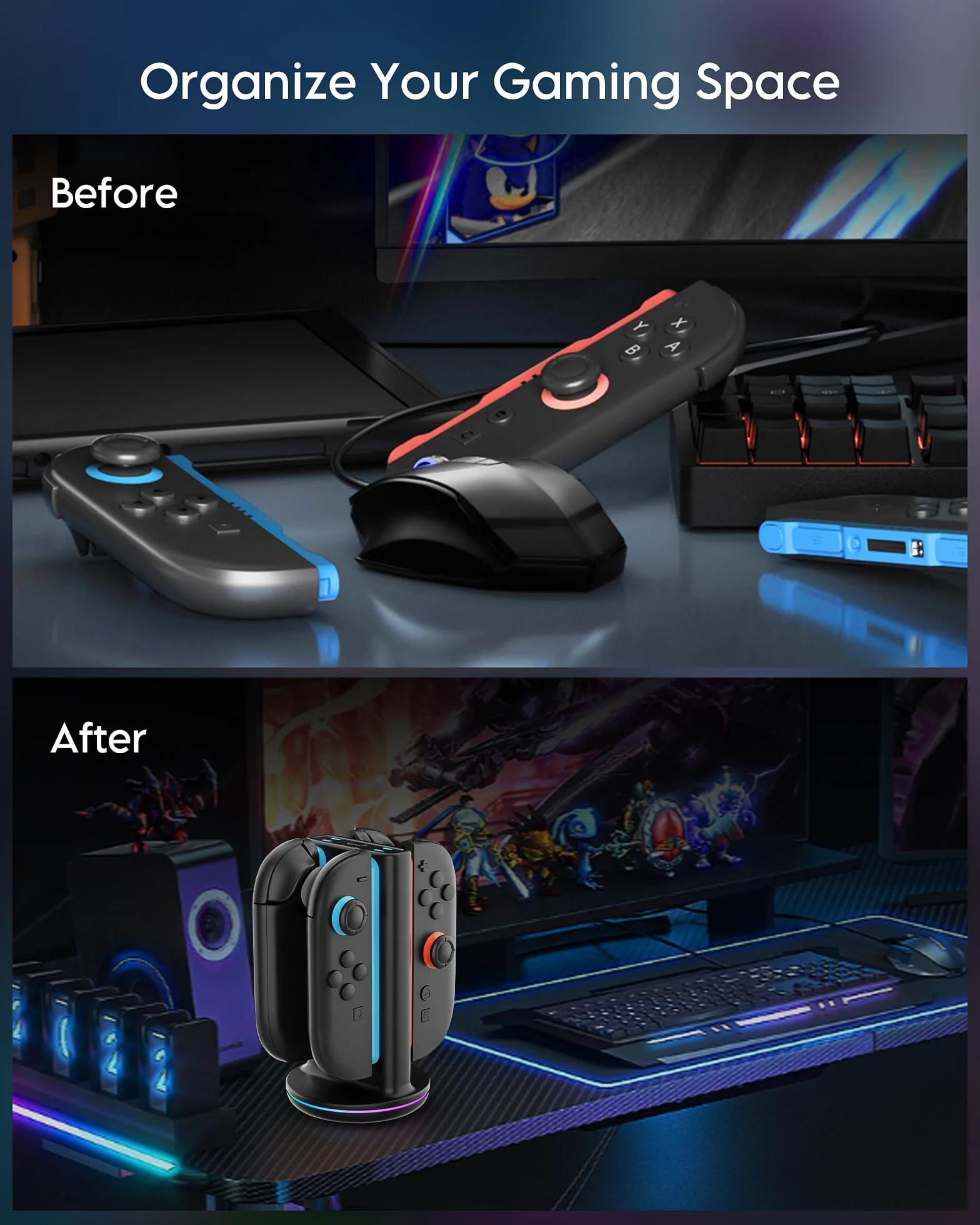 RunSnail Charging Dock Kompatybilny z Switch 2 Joycon, Switch 2 Joy Con Controller Charger Station ze Światłem RGB, Magnetic Plug-in JoyCon Charging Dock z Kablem Ładującym