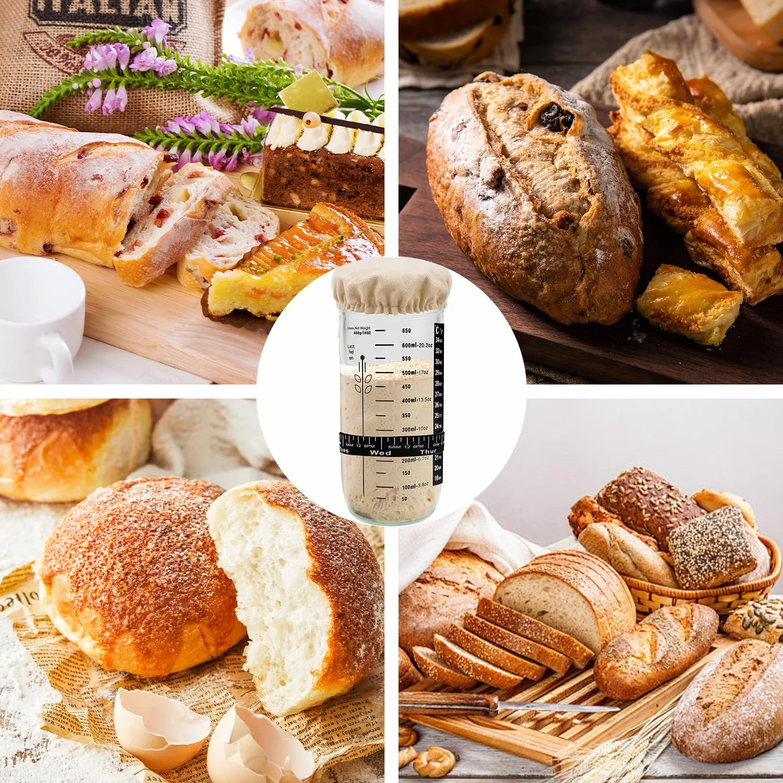 XHYASD Sourdough zestaw startowy do zakwasu, wielokrotnego użytku, z aluminiową nasadką, papier termometru, szpatułka, kapelusz materiałowy dla początkujących