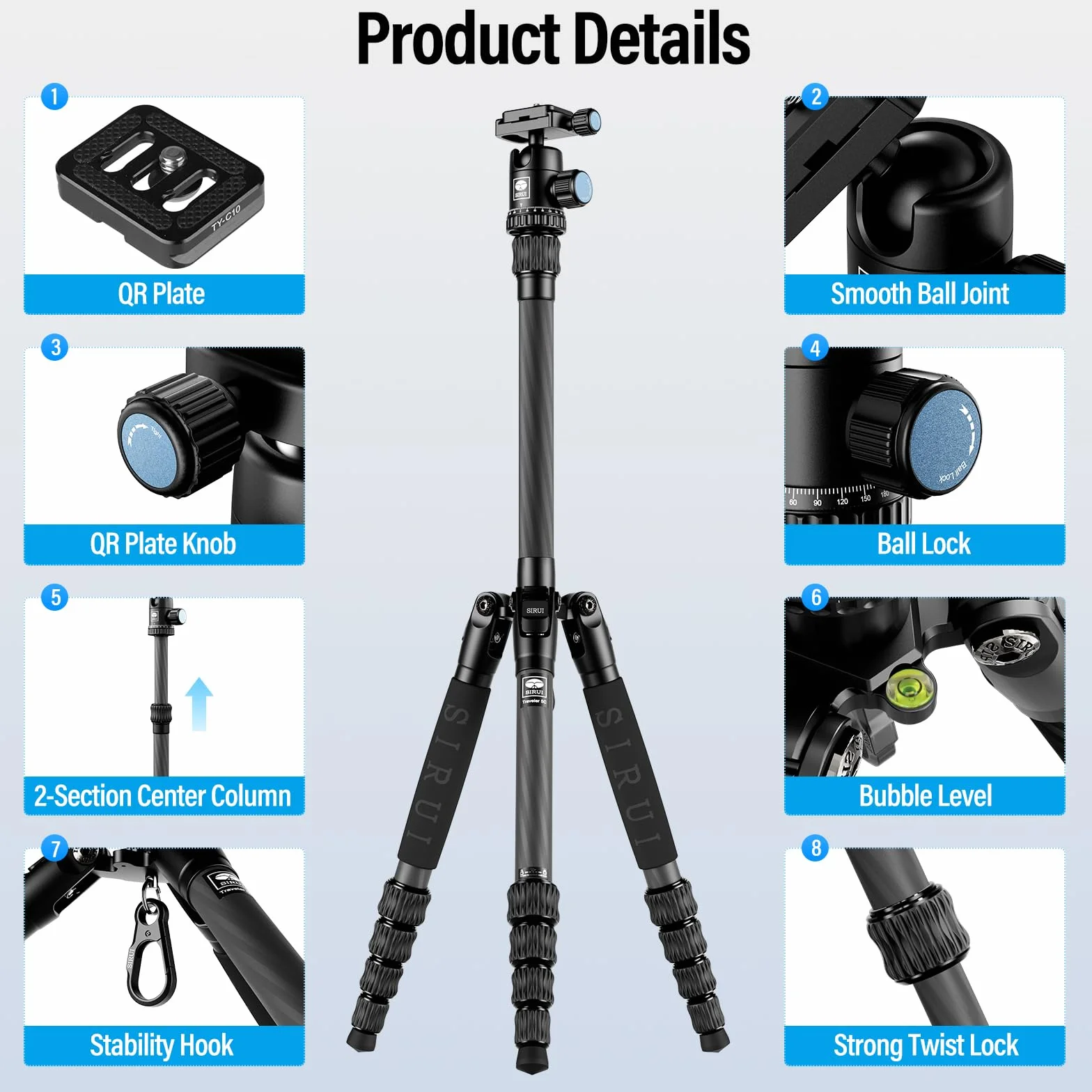 Sirui Compact Traveler 5C statyw 140 cm lekki statyw podróżny z włókna węglowego przenośny statyw z głowicą kulową panoramiczną 360° i Arca szwajcarską szybkozłączką nośność do 4 kg