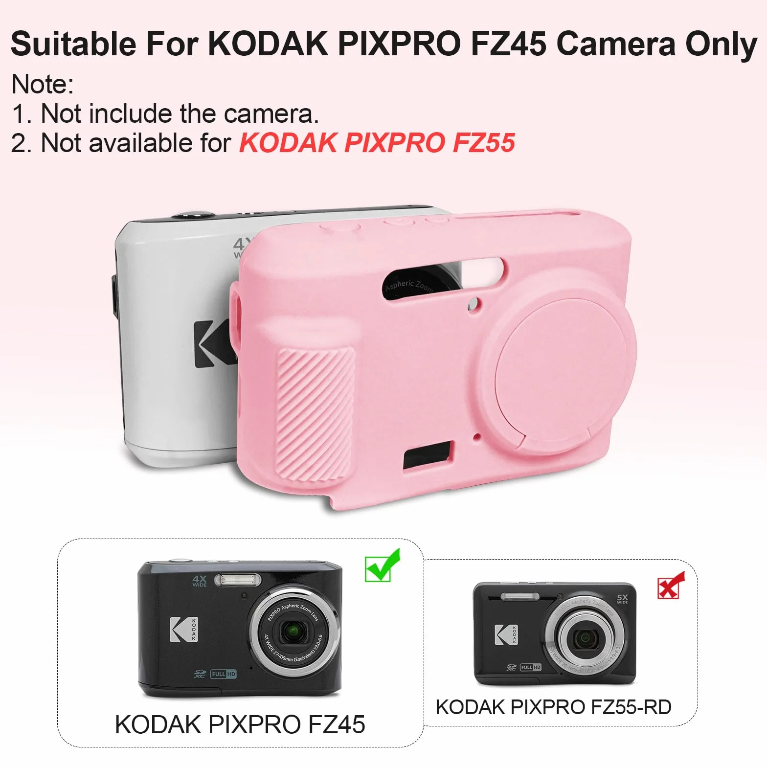 Easy Hood Etui na aparat Kodak PIXPRO FZ45, miękkie silikonowe etui ze zdejmowaną osłoną obiektywu, lekkie etui ochronne, odporne na zarysowania etui ochronne, różowe