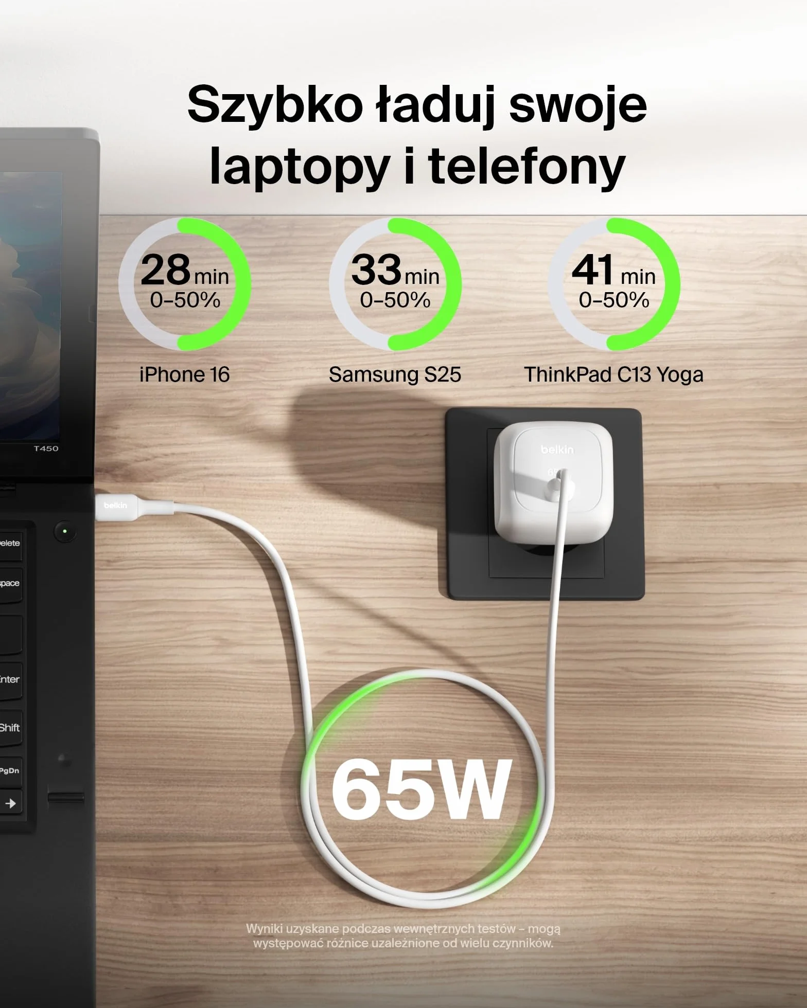 Belkin ładowarka sieciowa USB-C 65 W, ładowarka USB-C do szybkiego ładowania – do urządzeń Apple iPhone 16/15/14/13, Galaxy S25, Google Pixel 9, MacBook, iPad, AirPods, Chromebook i innych – Biała
