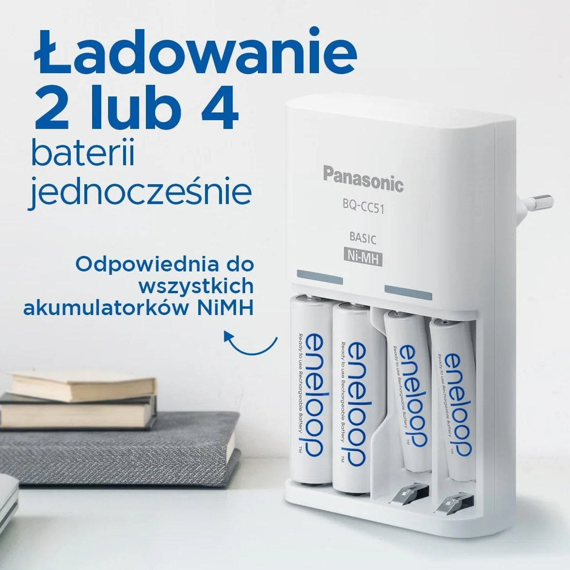 Panasonic eneloop BQ-CC51Cic eneloop Basic do 2 lub 4 akumulatorów AA/AAA Ni-MH z 2 wskaźnikami LED i 6 funkcjami bezpieczeństwa, w zestawie z 4 akumulatorami eneloop AAA/Micro, min. 800 mAh