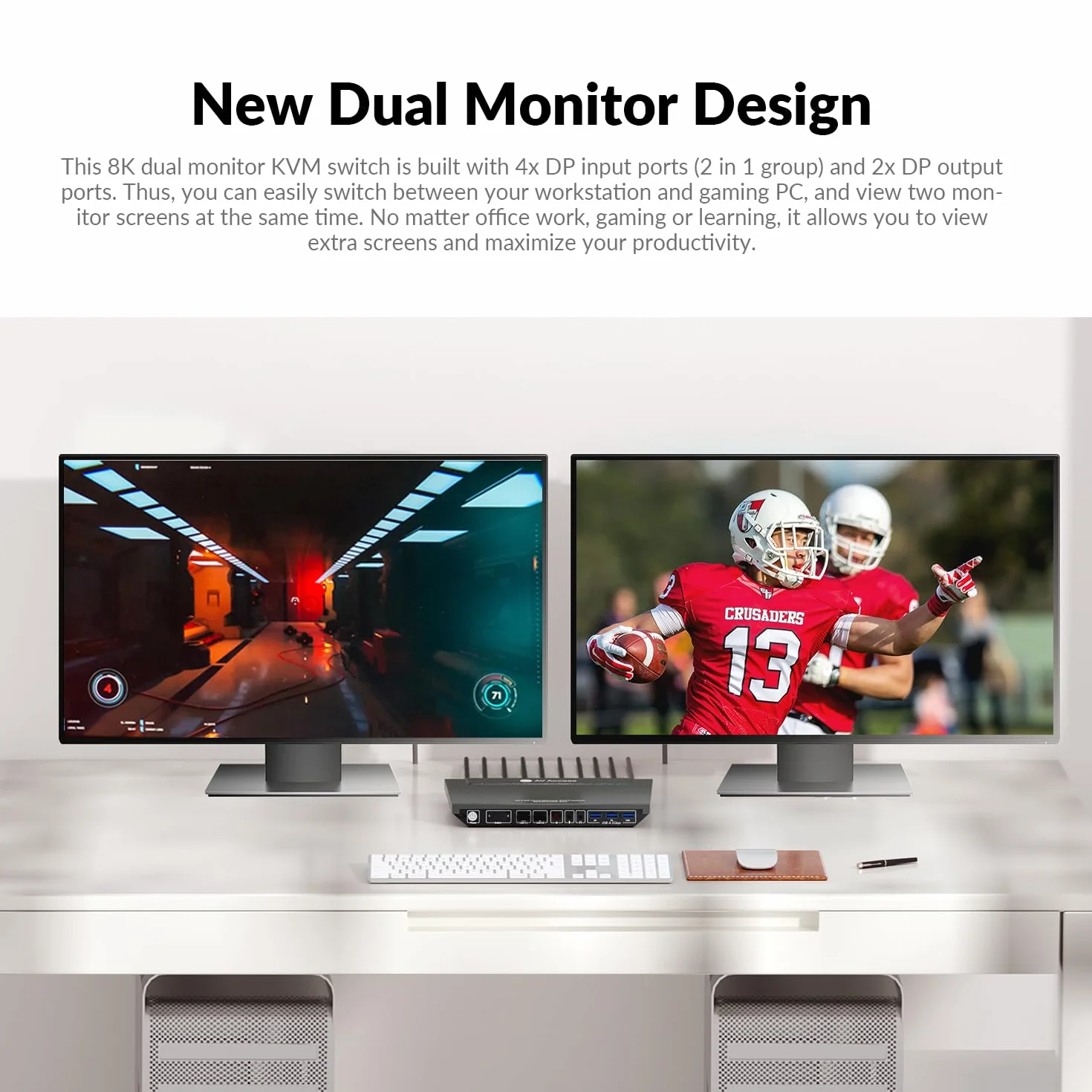 AV Access KVM Switch 2 PC 2 monitory DisplayPort 8K 60 Hz 4K 165 Hz / 144 hz, DP KVM Switch Displayport Dual Monitors z portami USB 3.0, Audio Out IR Remote, ze wszystkimi kablami