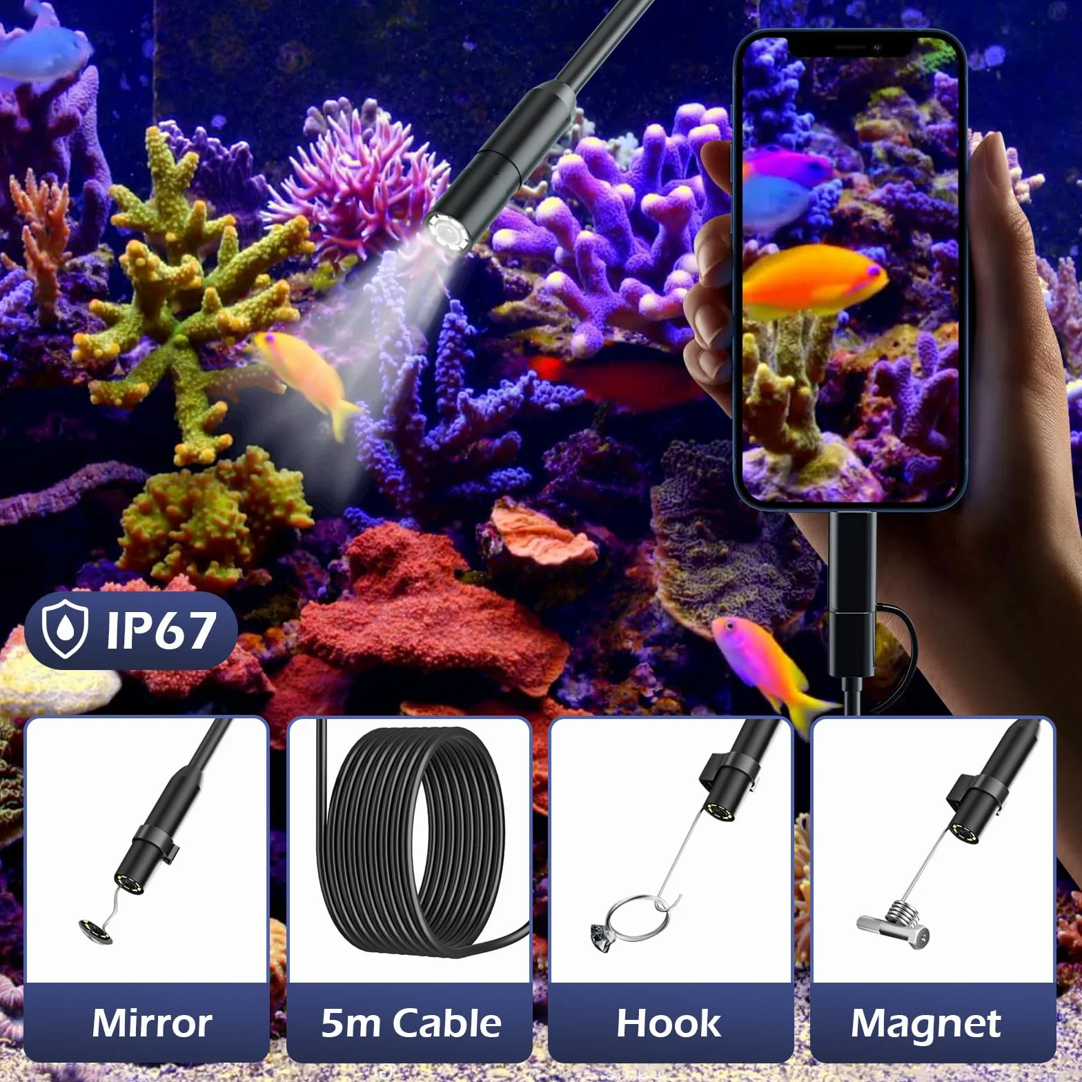Kamera endoskopowa ze światłem, LYCXAMES 1920p HD, kamera endoskopowa, telefon komórkowy z 8 diodami LED, Ip67 typu C, kamera inspekcyjna do iPhone'a, iPada, urządzeń OTG z systemem Android (5 m)