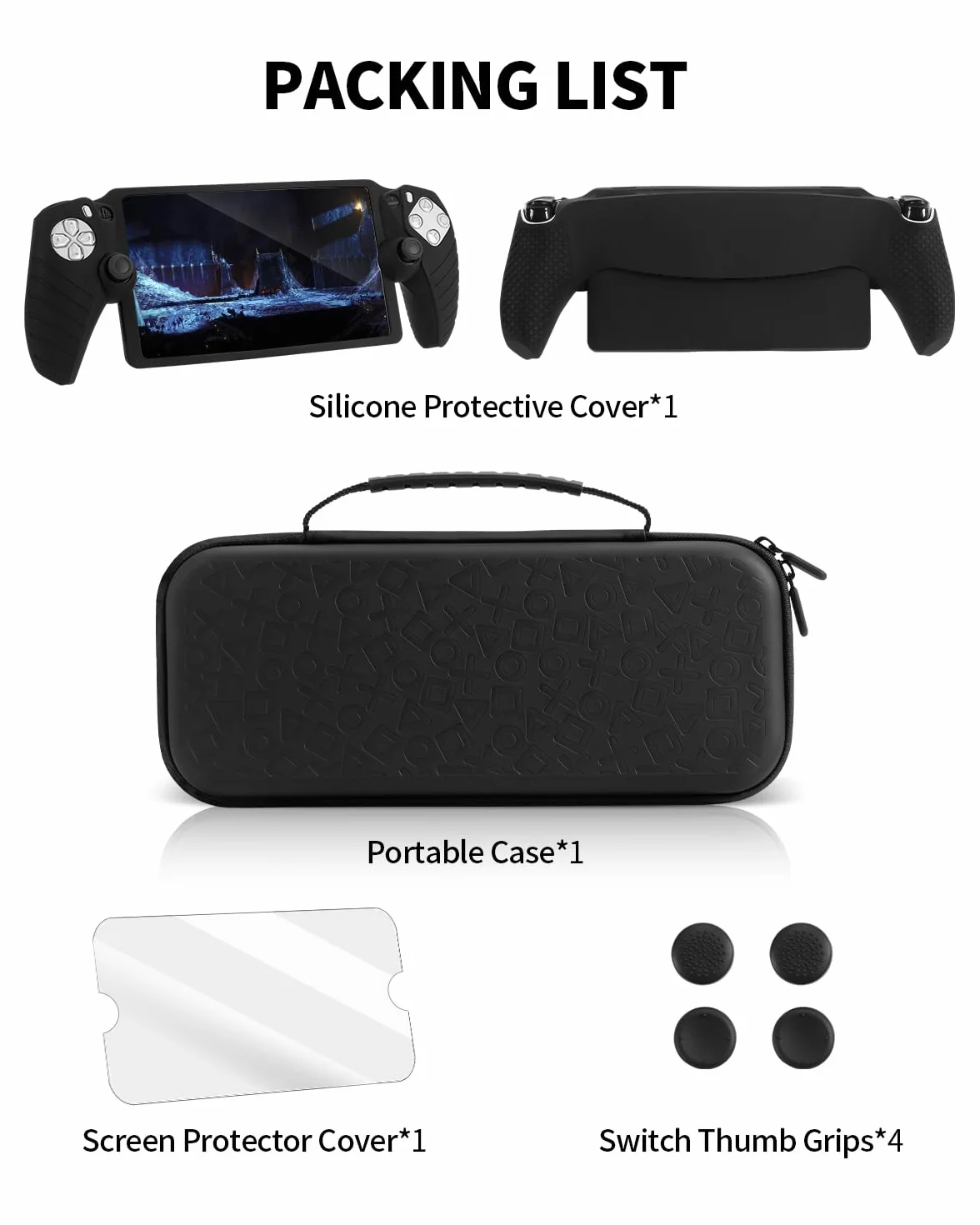 8 in 1 Accessories Set Compatible with Playstation Portal, Portable Hard Carrying Case with Silicone Protective Cover for P5 Portal, Screen Protector with 4 Thumb Grips - Black