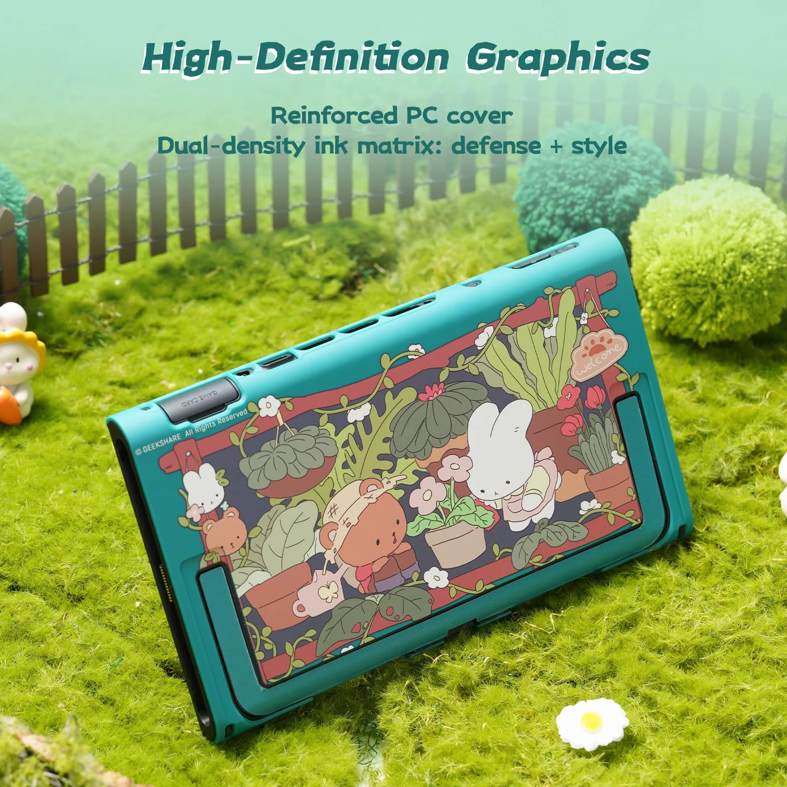 GeekShare Ochronna muszla kompatybilna z Switch 2, Kawaii etui dokujące antyrysunkowa amortyzująca obudowa - Ogród królików