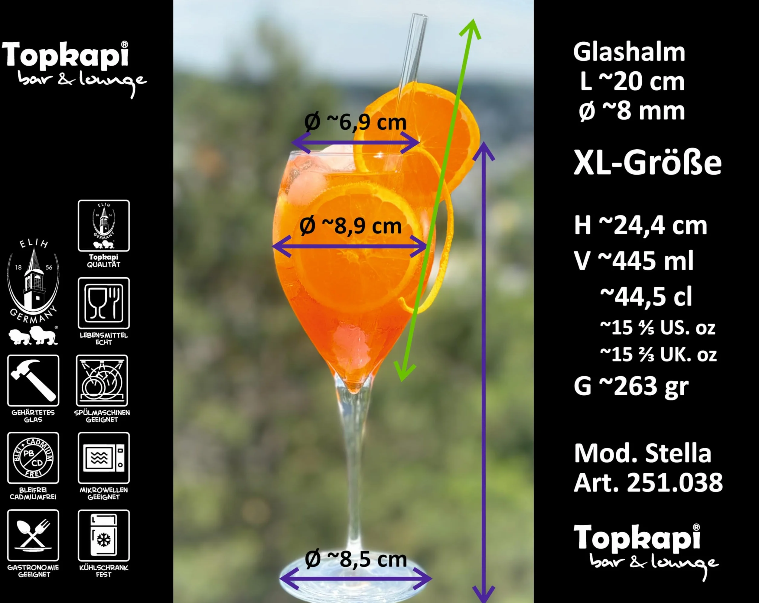 Topkapi Aperol Spritz Stella XL 13-częściowy zestaw szklanek koktajlowych – 6 x szklanek Aperol z 6 szklanymi słomkami, kieliszek do koktajli, 445 ml, komplet dla 6 osób