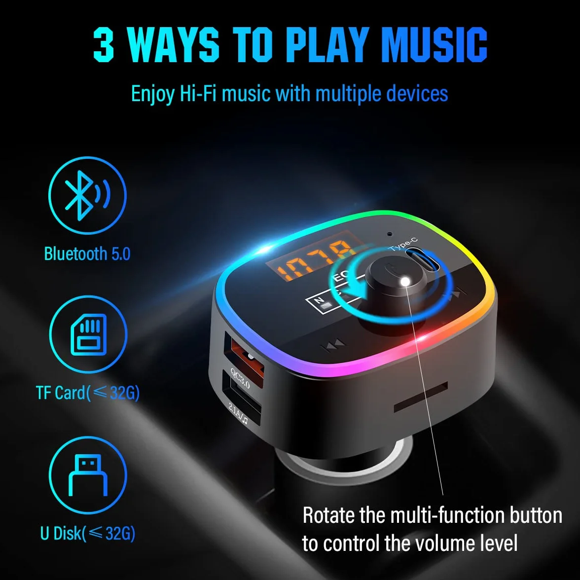 ELZO Nadajnik FM Bluetooth do samochodu, 5.0 Bluetooth adapter samochodowy z 10 kolorami światła LED i szybkim ładowaniem QC3.0, nadajnik Bluetooth, obsługa odtwarzacza MP3, zestaw głośnomówiący, czarny
