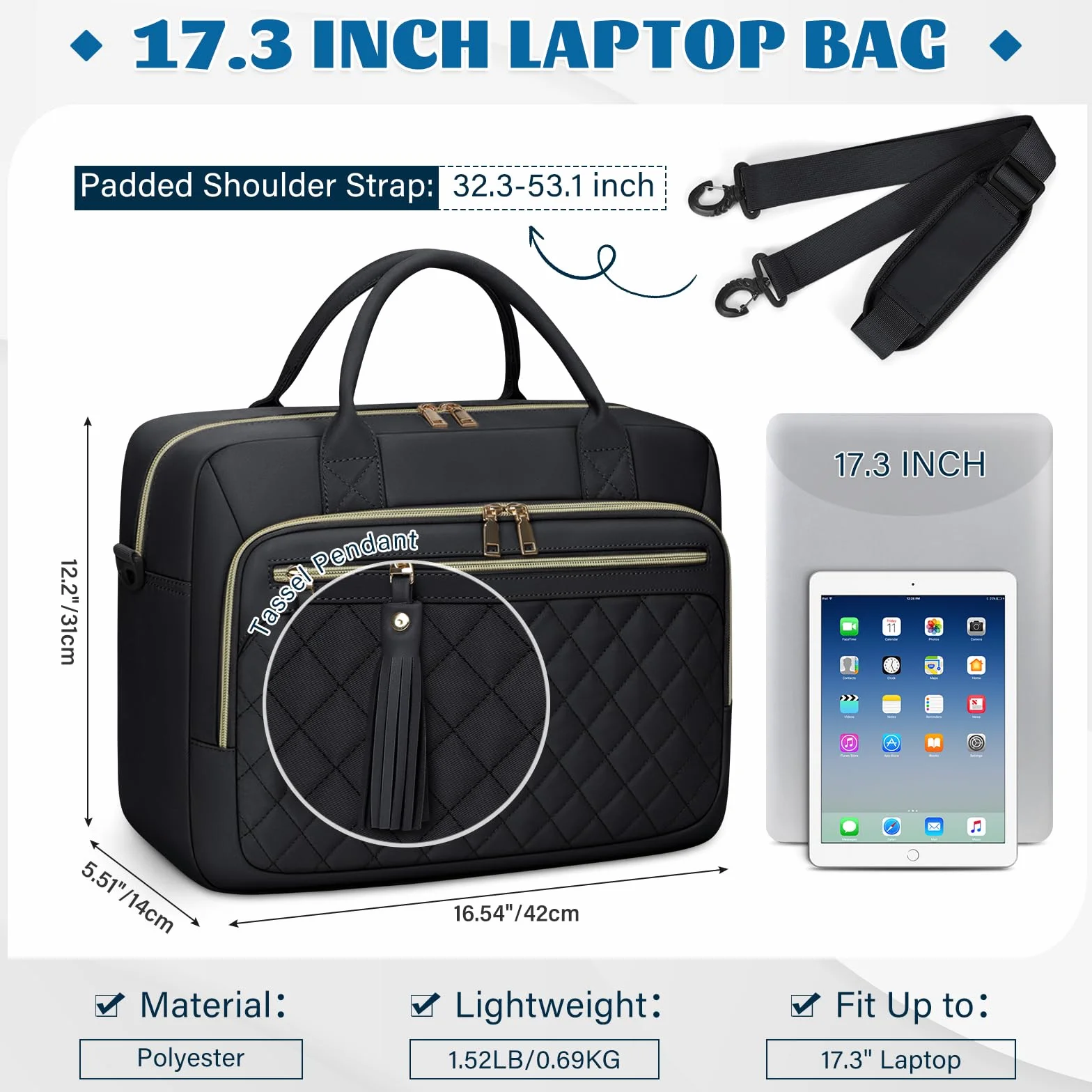 RAINSMORE Damska torba na laptopa o przekątnej ekranu 17,3", aktówka, wodoszczelna torba robocza, torba nauczycielska, biznesowa, na laptopa, notebooka, torba damska na ramię