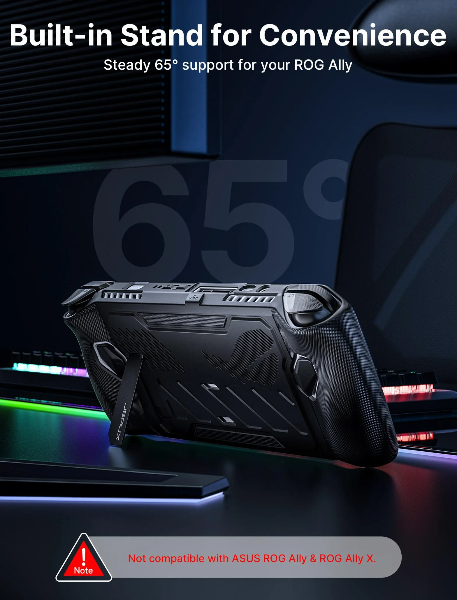 JSAUX ModCase do ROG Ally ze zdejmowaną osłoną przednią, pokrowcem ochronnym, metalowym uchwytem i paskiem, kompatybilny z ASUS ROG Ally, podstawowy zestaw akcesoriów, czarny PC0109