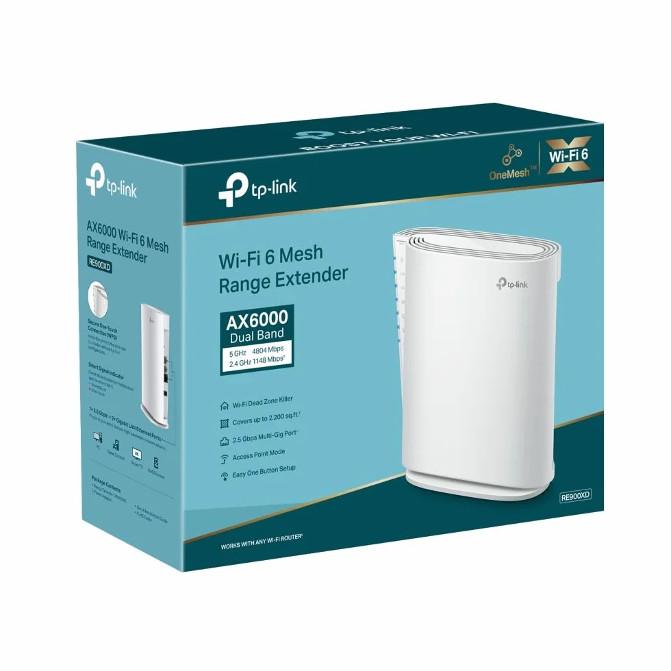 TP-Link RE900XD | Wzmacniacz sygnału Wi-Fi 6 AX6000 Dual Band | Prędkość do 6 Gb/s | Port Ethernet 2,5 Gb/s | Kompatybilny z OneMesh | Kanał 160 MHz