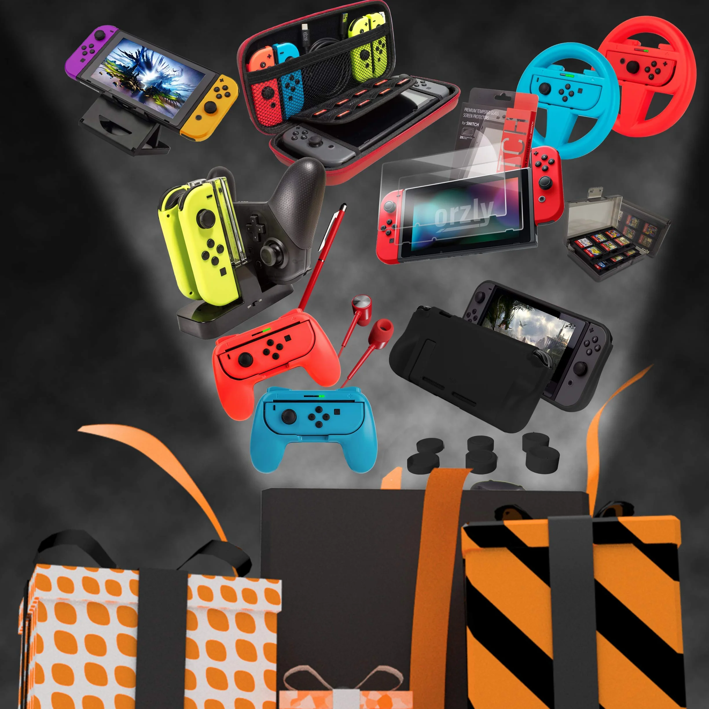 Orzly Geek Pack Zestaw akcesoriów do Nintendo Switch: Etui, osłona ekranu, uchwyty Joycon, koła wyścigowe, stacje ładowania