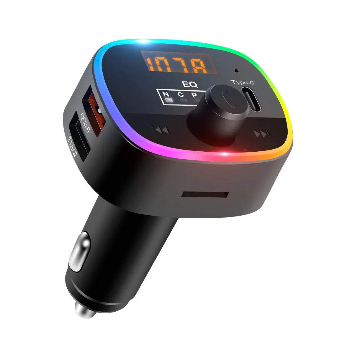 ELZO Nadajnik FM Bluetooth do samochodu, 5.0 Bluetooth adapter samochodowy z 10 kolorami światła LED i szybkim ładowaniem QC3.0, nadajnik Bluetooth, obsługa odtwarzacza MP3, zestaw głośnomówiący, czarny