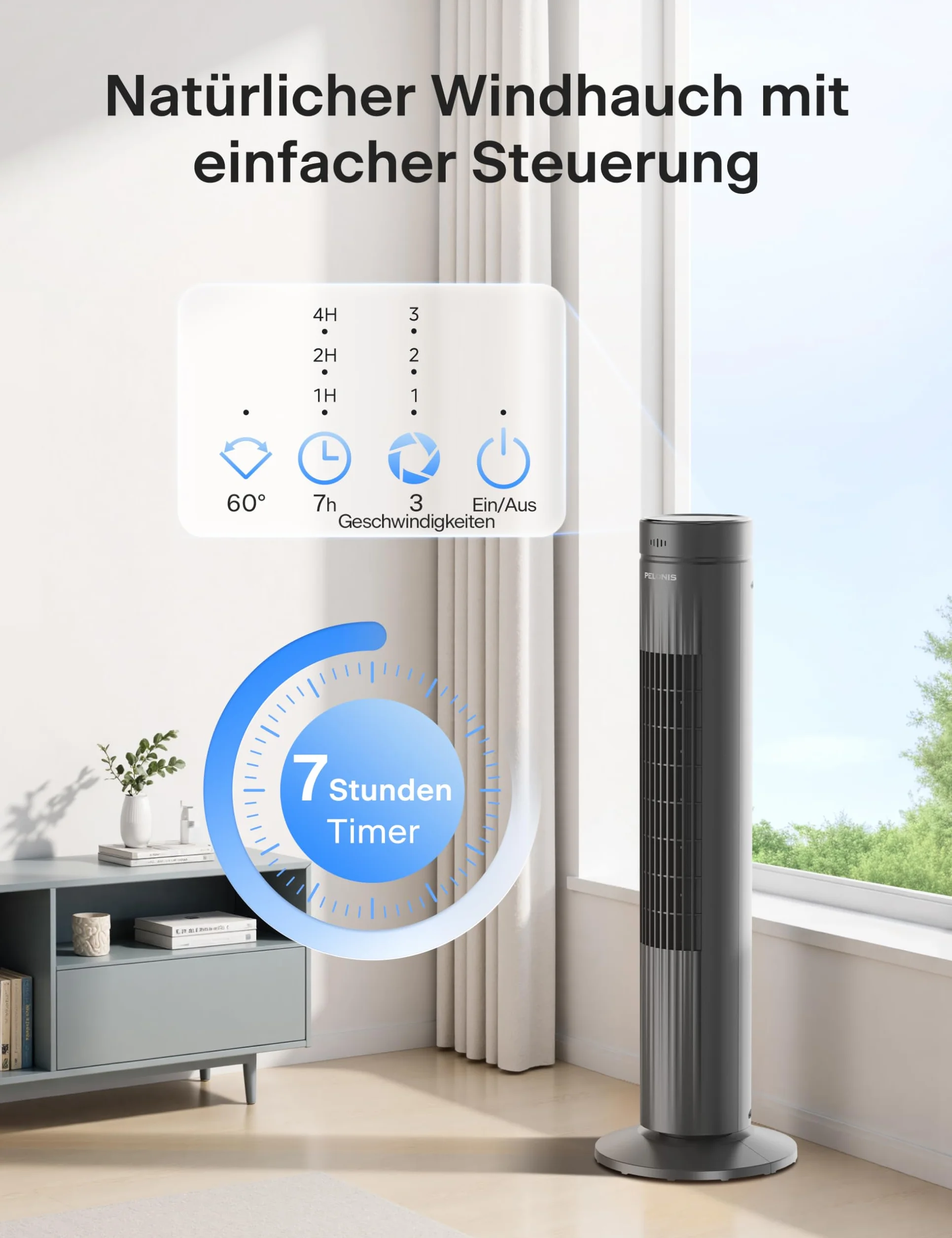 PELONIS 76 cm Wentylator wieżowy, cichy mobilny wentylator z timerem i oscylacją 90°, tower fan z timer do 7 godzin, 4 tryby 3 prędkości, Czarny